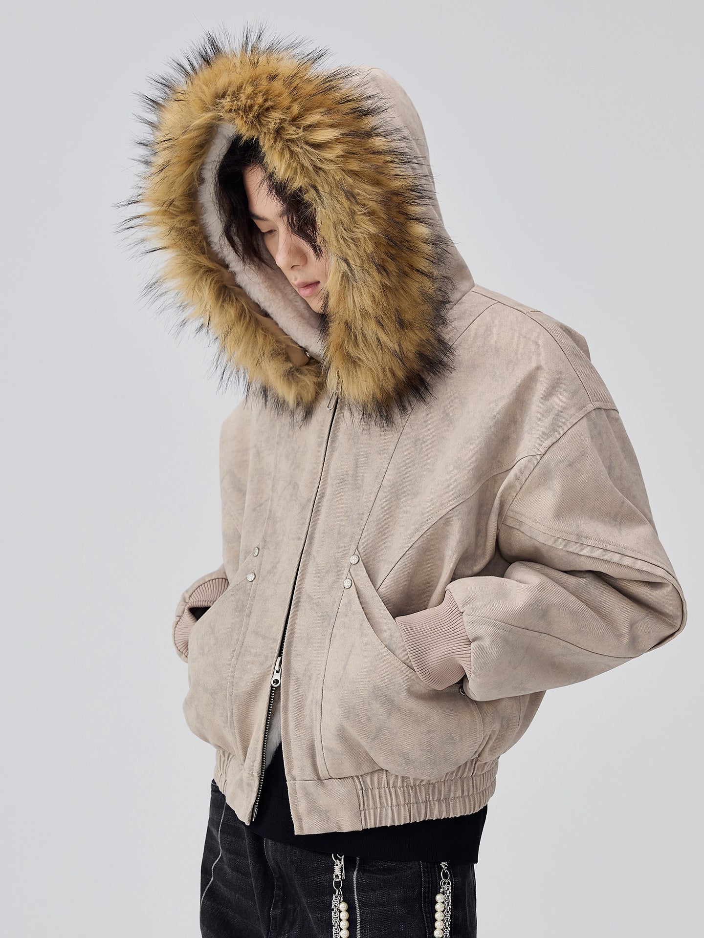Mountain carving fleece thickened coat men's and women's same marble canvas washed cotton jacket