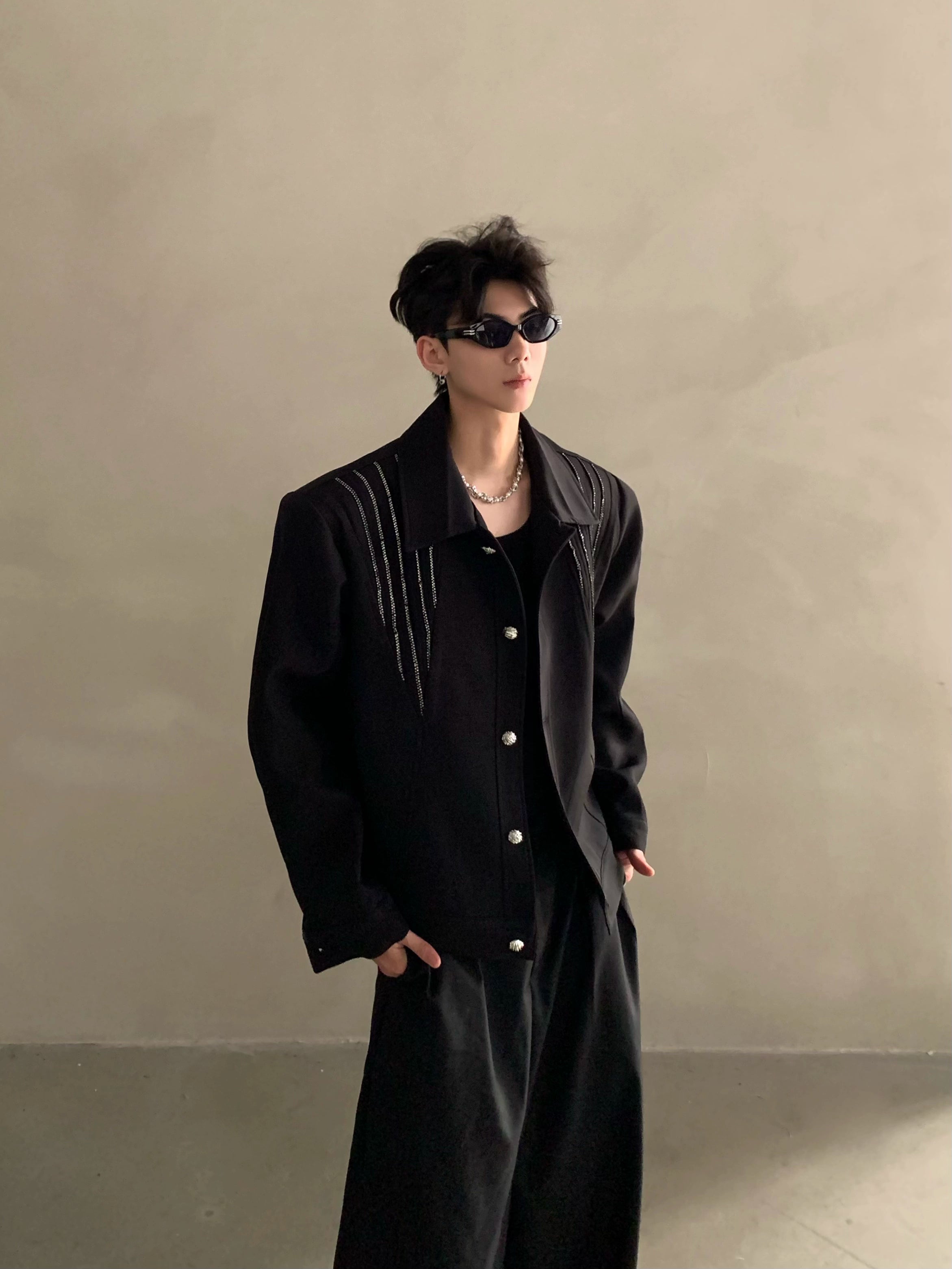 Autumn and winter niche high-end light luxury hot diamond design shoulder padded jacket jacket men's ruffian handsome top tide