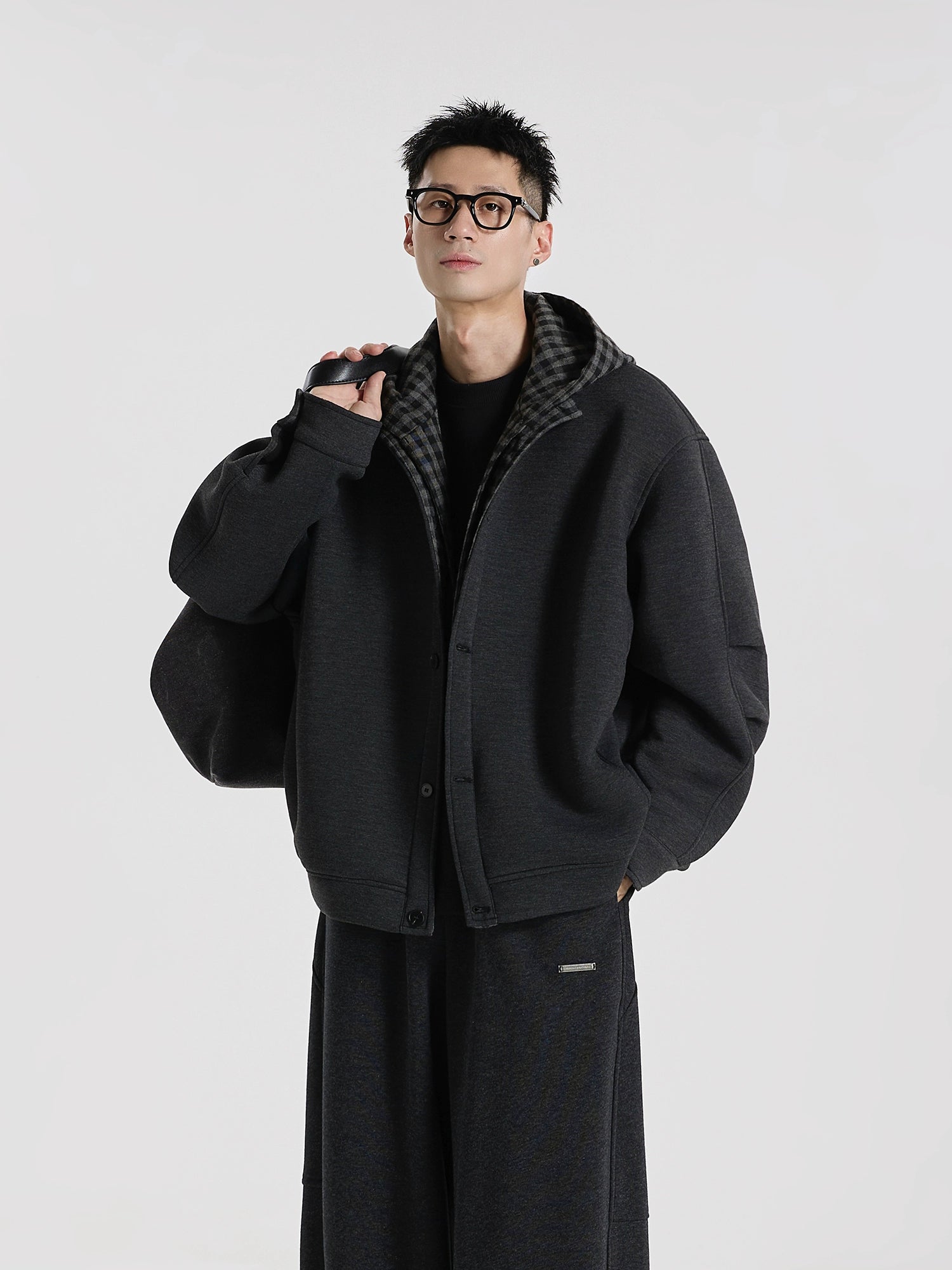 Time Overlapping" Jelly Air Layer Plaid Splicing Fake Two-piece Cardigan Hooded Sweater Jacket