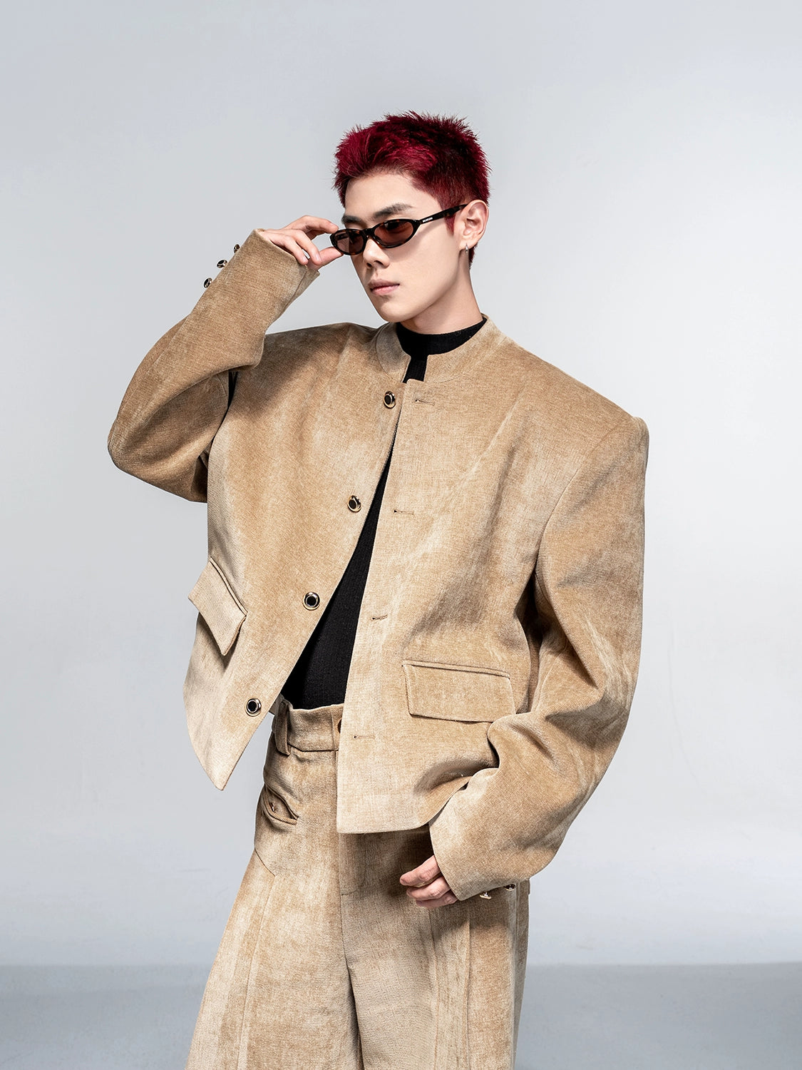 High-end suit suit men's autumn and winter casual suit jacket shoulder padded jacket velvet wide-leg pants two-piece set