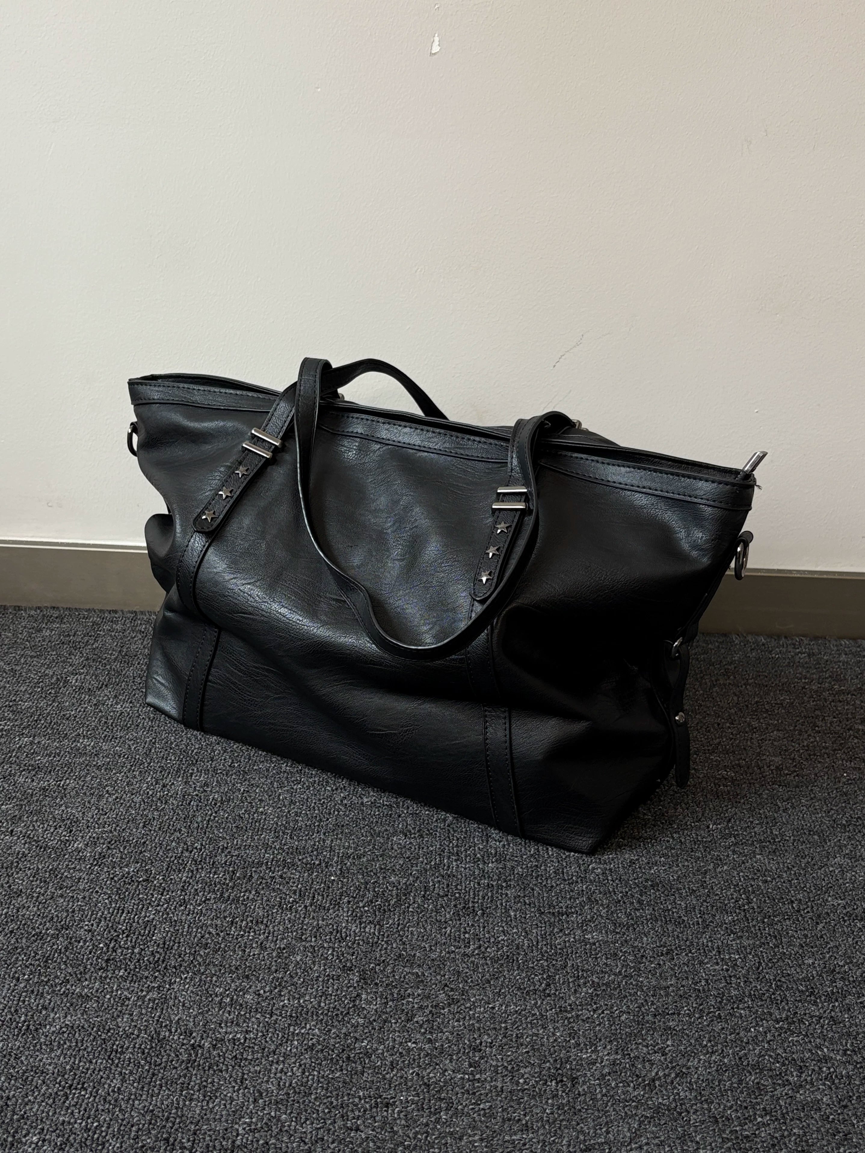 Original black pleated leather large capacity tote bag commuting men's soft leather shoulder bag