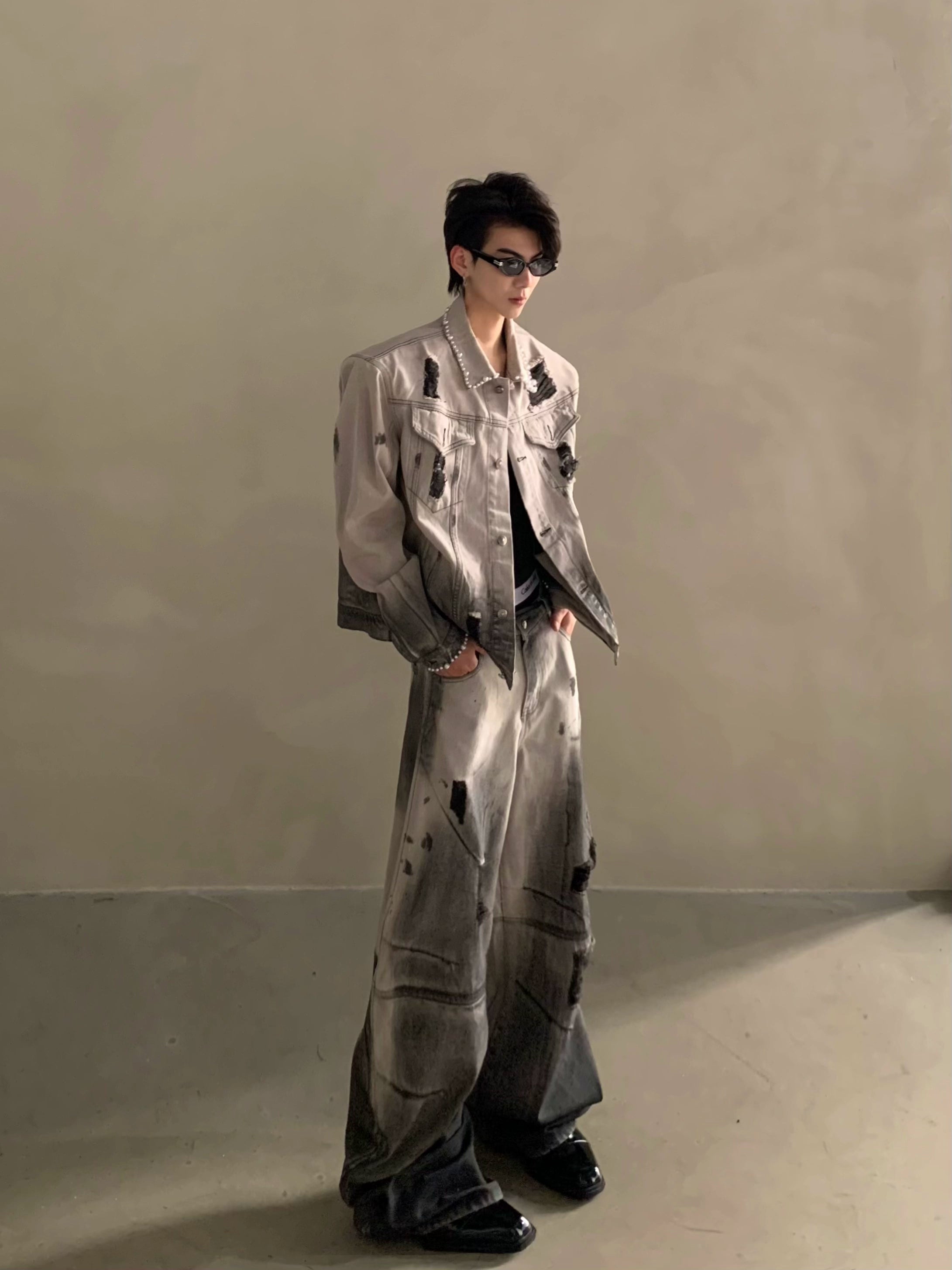 Niche waste soil tie-dye hole design shoulder padded denim jacket men's high-end suit tide