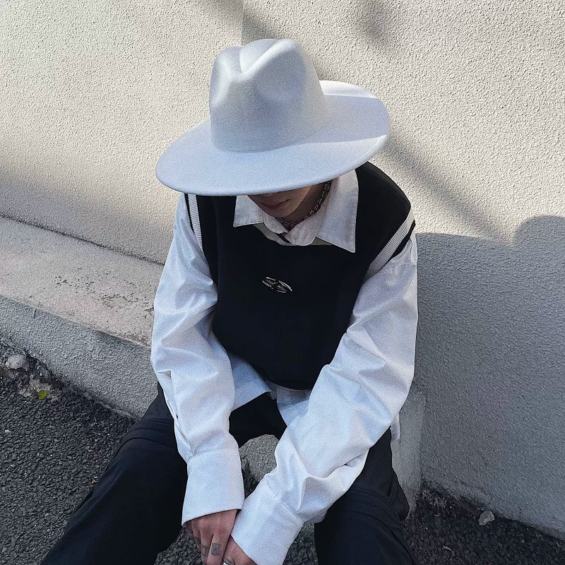 Top hat retro jazz hat western style concave shape large brim hat