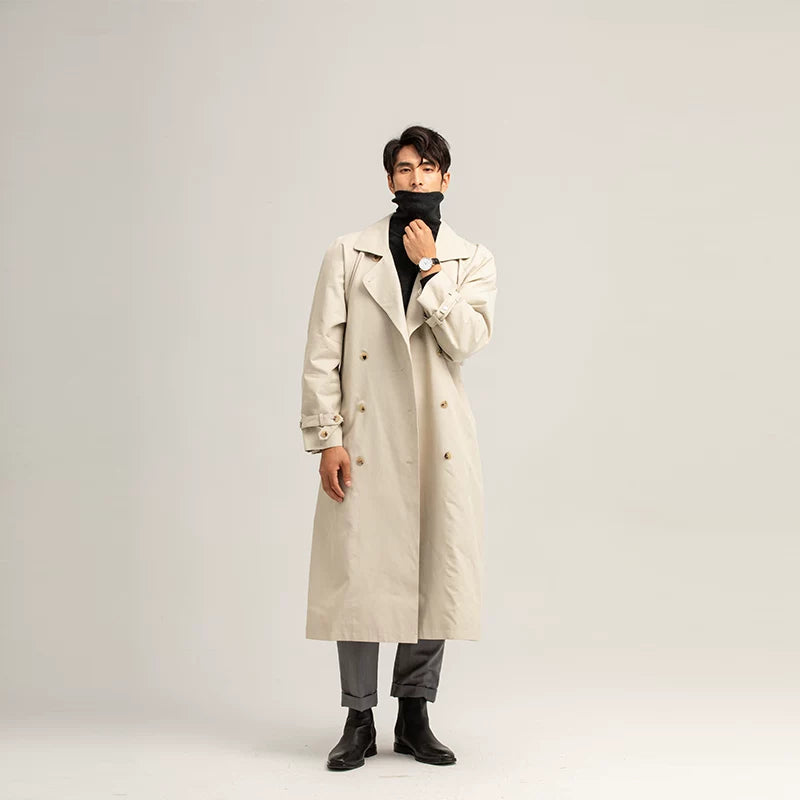 High-end minimalist design, oversized gabardine trench coat for men, in a muted, sophisticated color palette with functional features sinclub2659