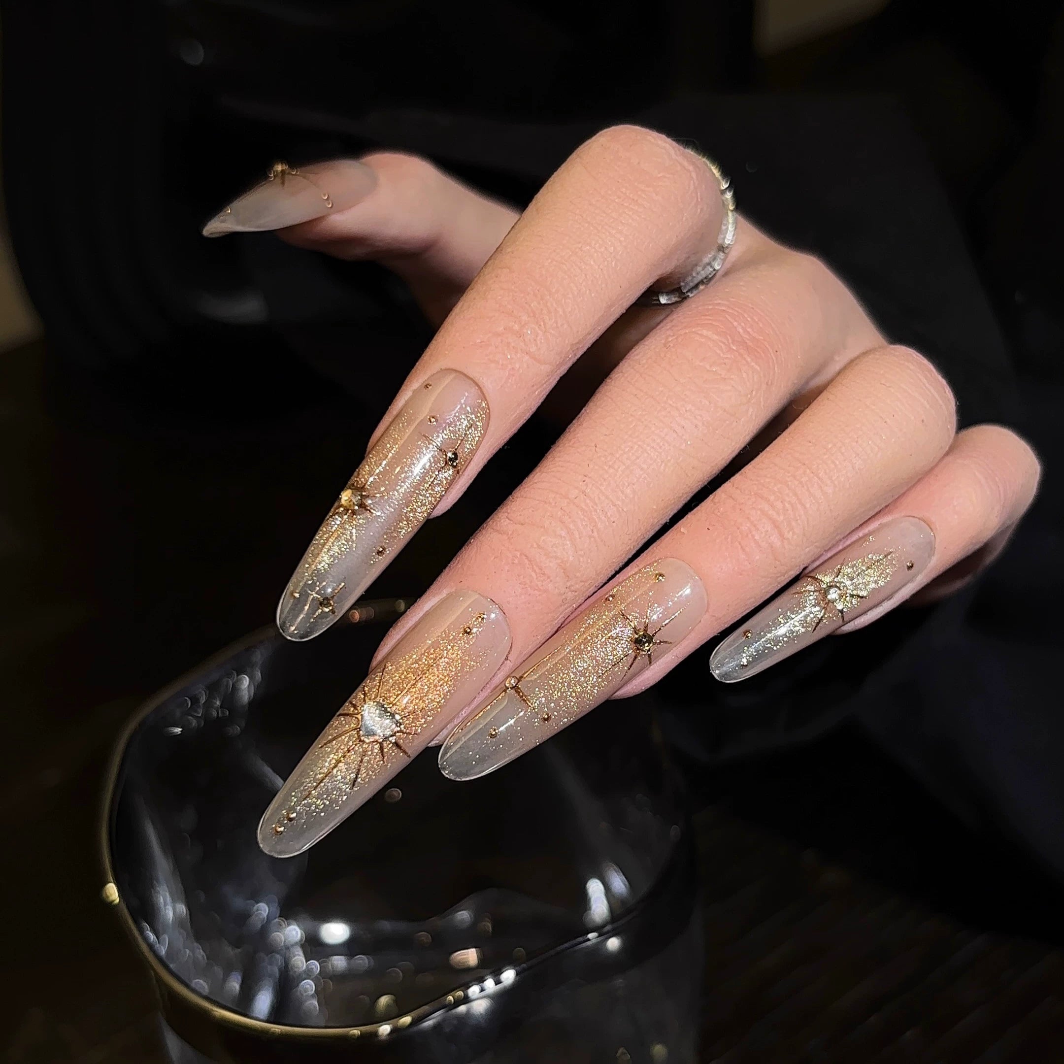 Sun goddess starburst retro cat eye ombre hand-painted starburst press-on nails YSL003