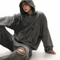 [GIBBYCNA] Damage Zipper Hoodie & Wide-leg Damage Sweatpants st2036