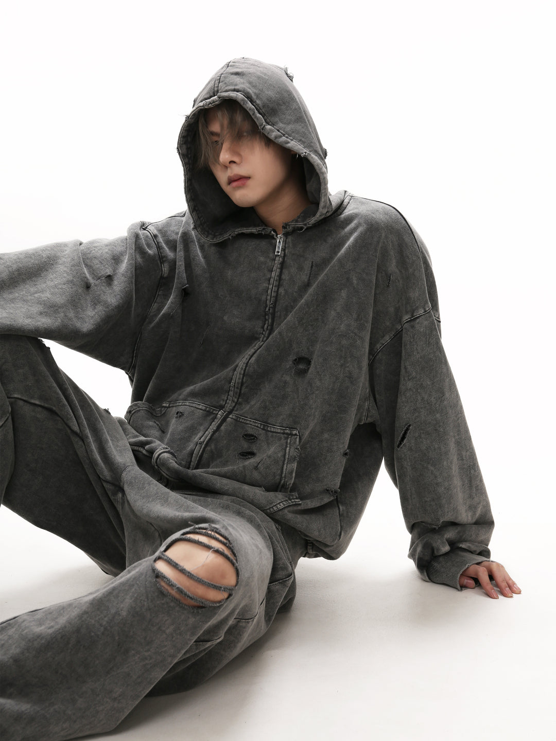 [GIBBYCNA] Damage Zipper Hoodie & Wide-leg Damage Sweatpants st2036
