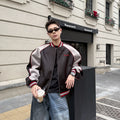 Original design contrasting color imitation leather crack baseball jacket American men's street short casual jacket