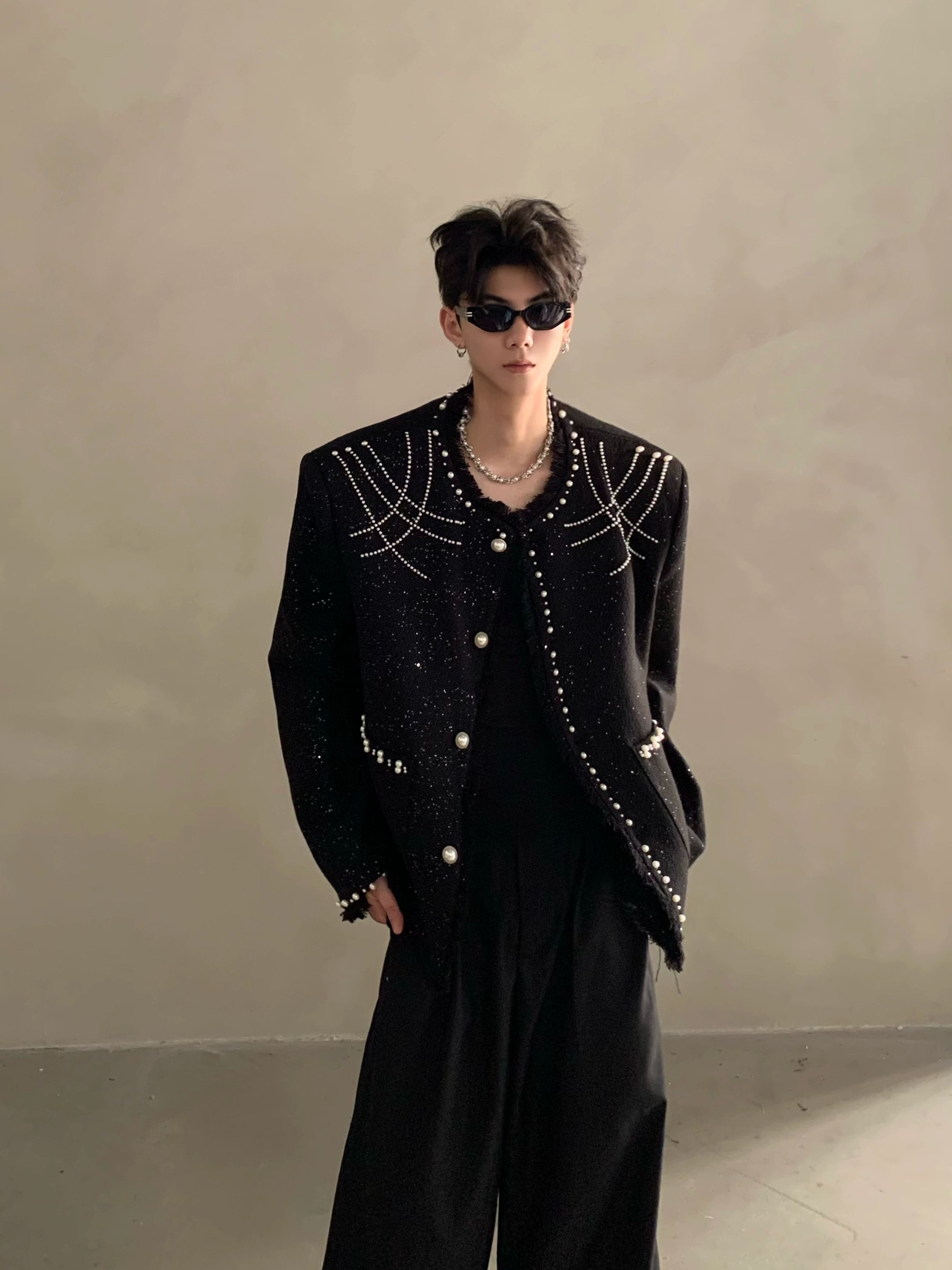 Niche high-end heavy industry bead design shoulder pads small fragrant jacket jacket men's top