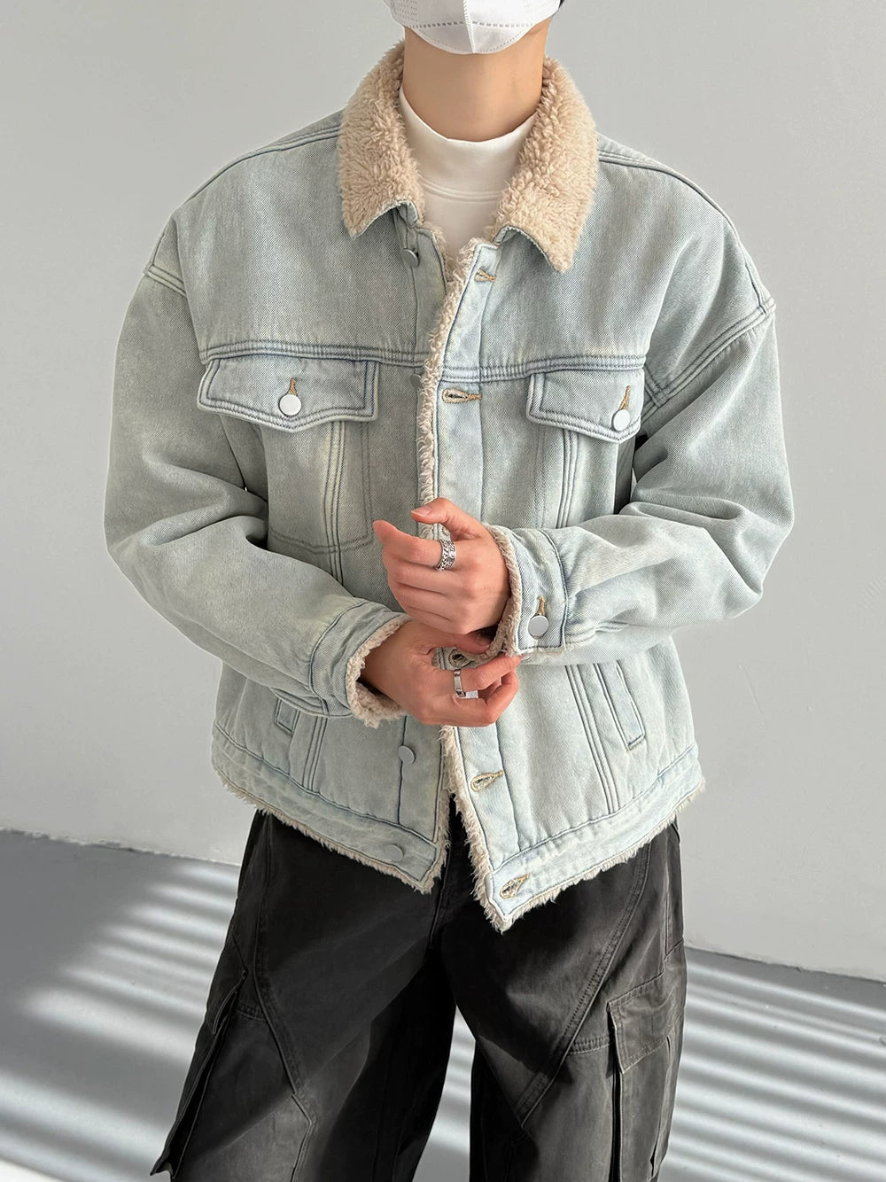 High-end lapel contrast color denim cotton coat SIN0836