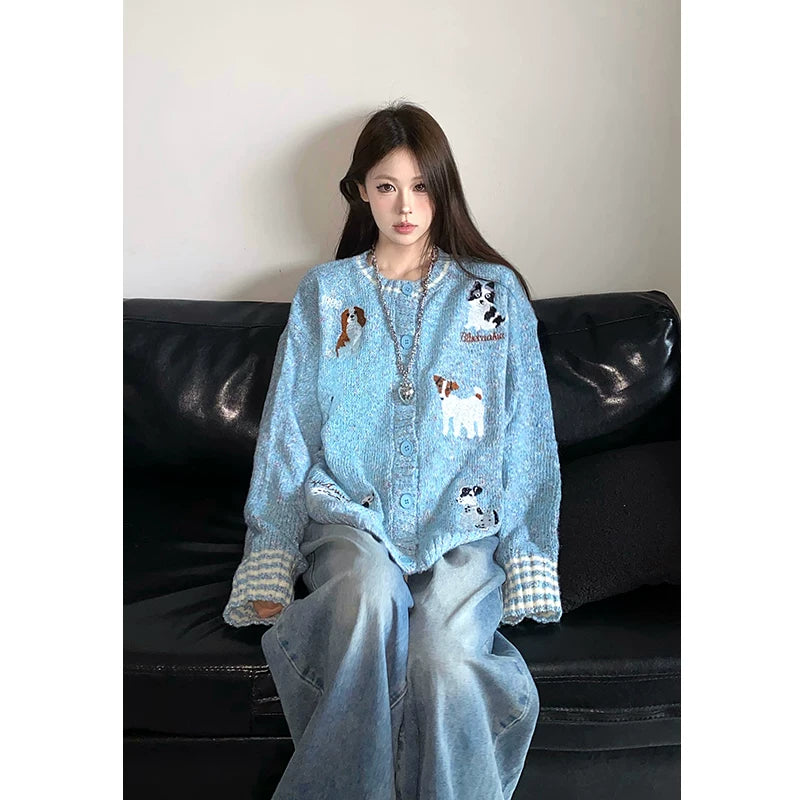 Autumn new sweet & cool puppy embroidered knitted cardigan - women's relaxed fit retro sweater  XX4