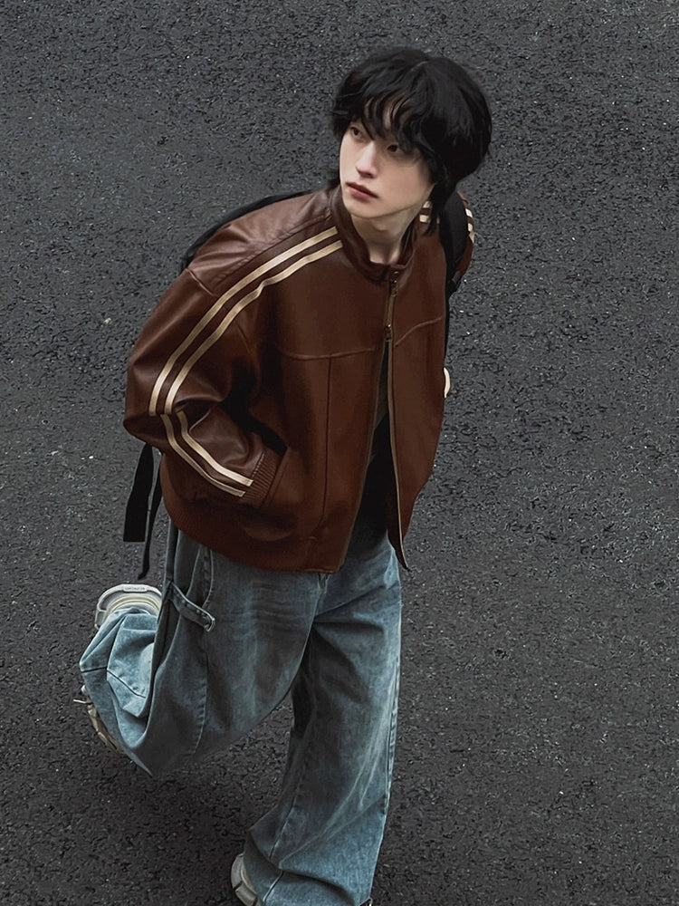 Maillard style leather jacket men's autumn loose stand-up collar top Korean trend motorcycle leather jacket