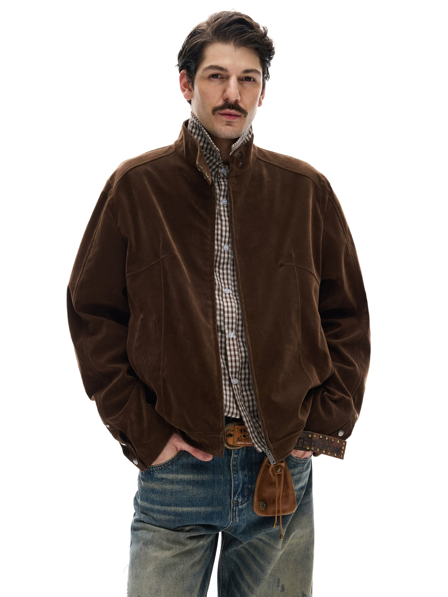 Modern street retro suede tooling stand-up collar jacket for men and women casual deconstruction splicing short coat