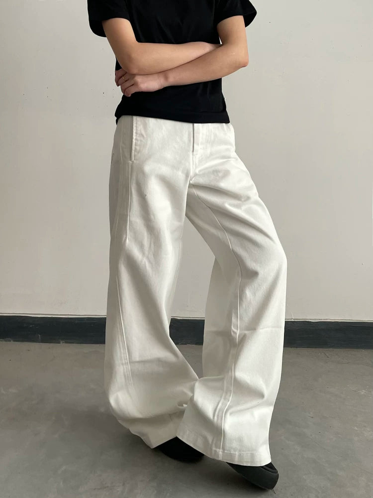 American deconstructed patchwork white denim jeans, trendy streetwear, wide-leg, loose fit, straight leg, versatile casual pants sinclub3461