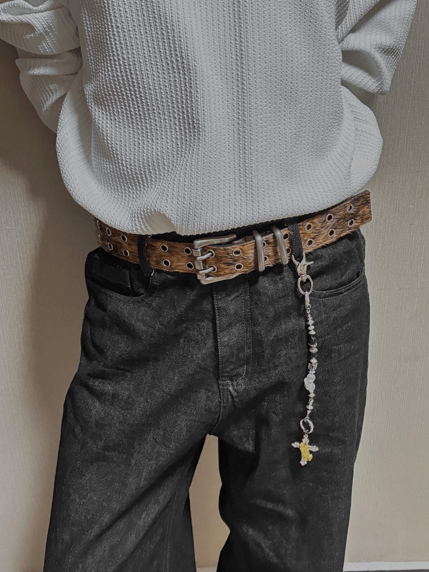 Maillard horsehair cowhide belt niche street double row pin buckle belt men's trendy