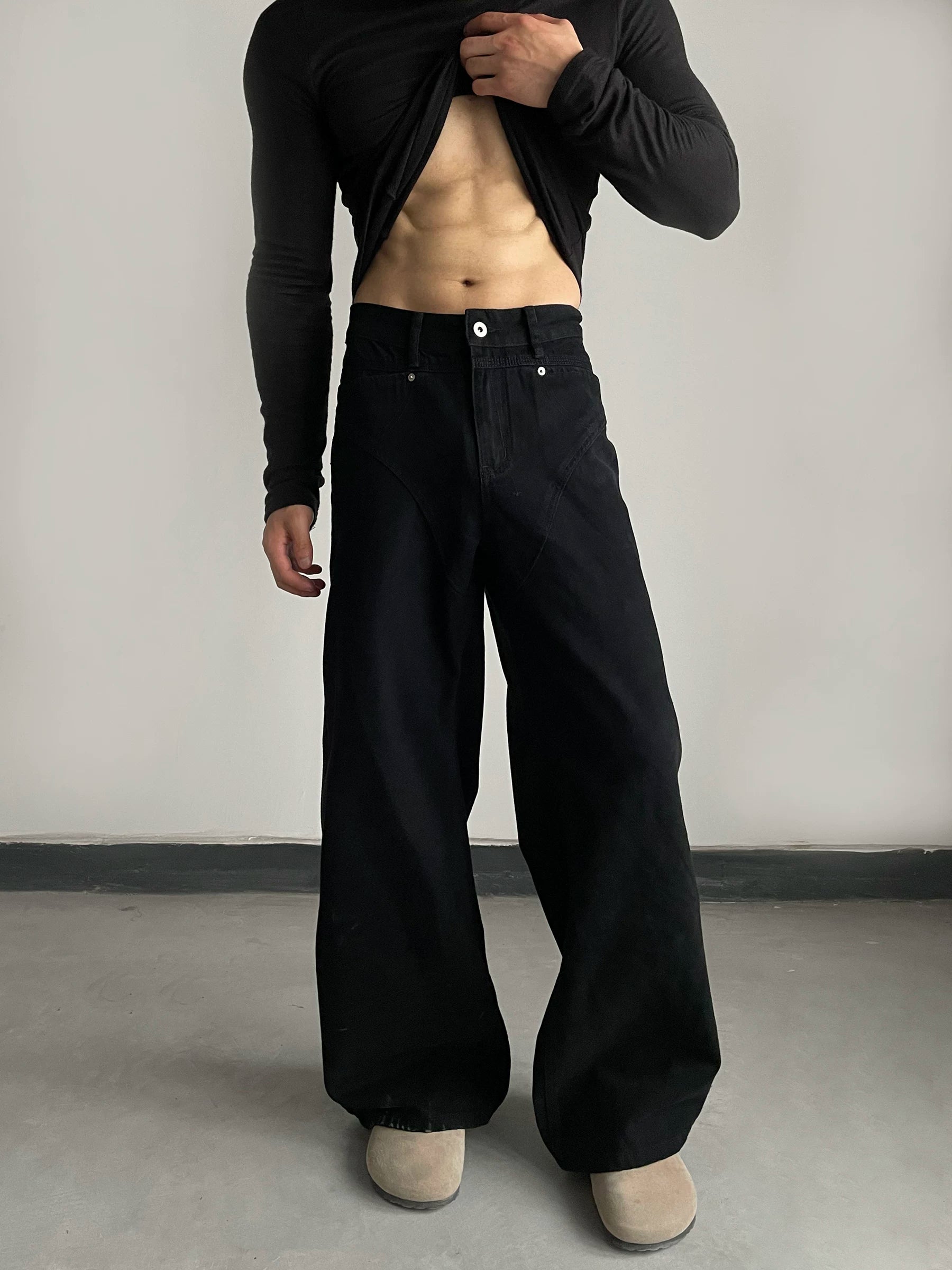 Deconstructed patchwork design straight-leg jeans - american retro, clean fit, versatile casual wide-leg pants sinclub8709