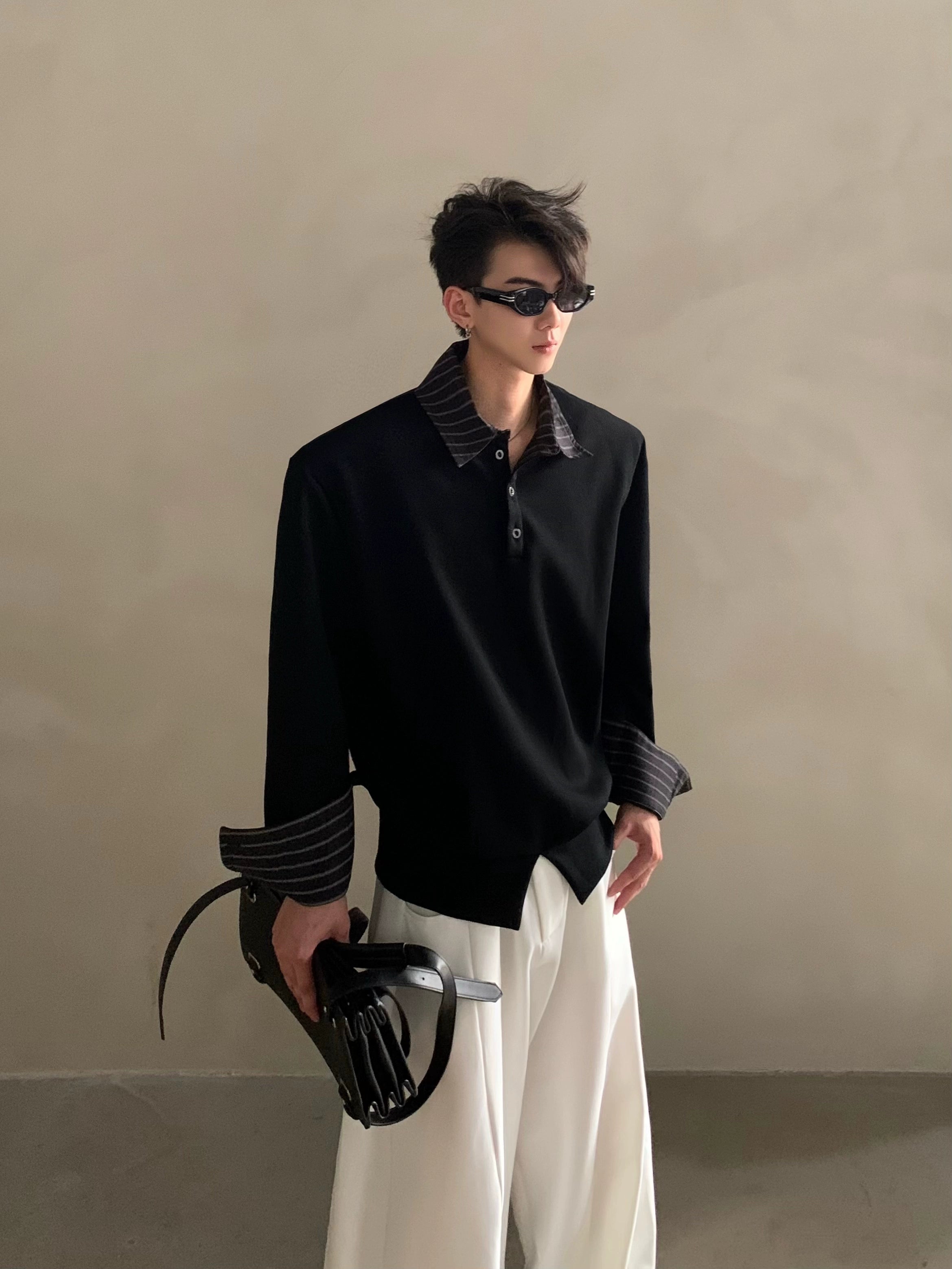 Niche light luxury high-end sense fake two-piece splicing design sense ruffian handsome casual Polo shirt men's trend