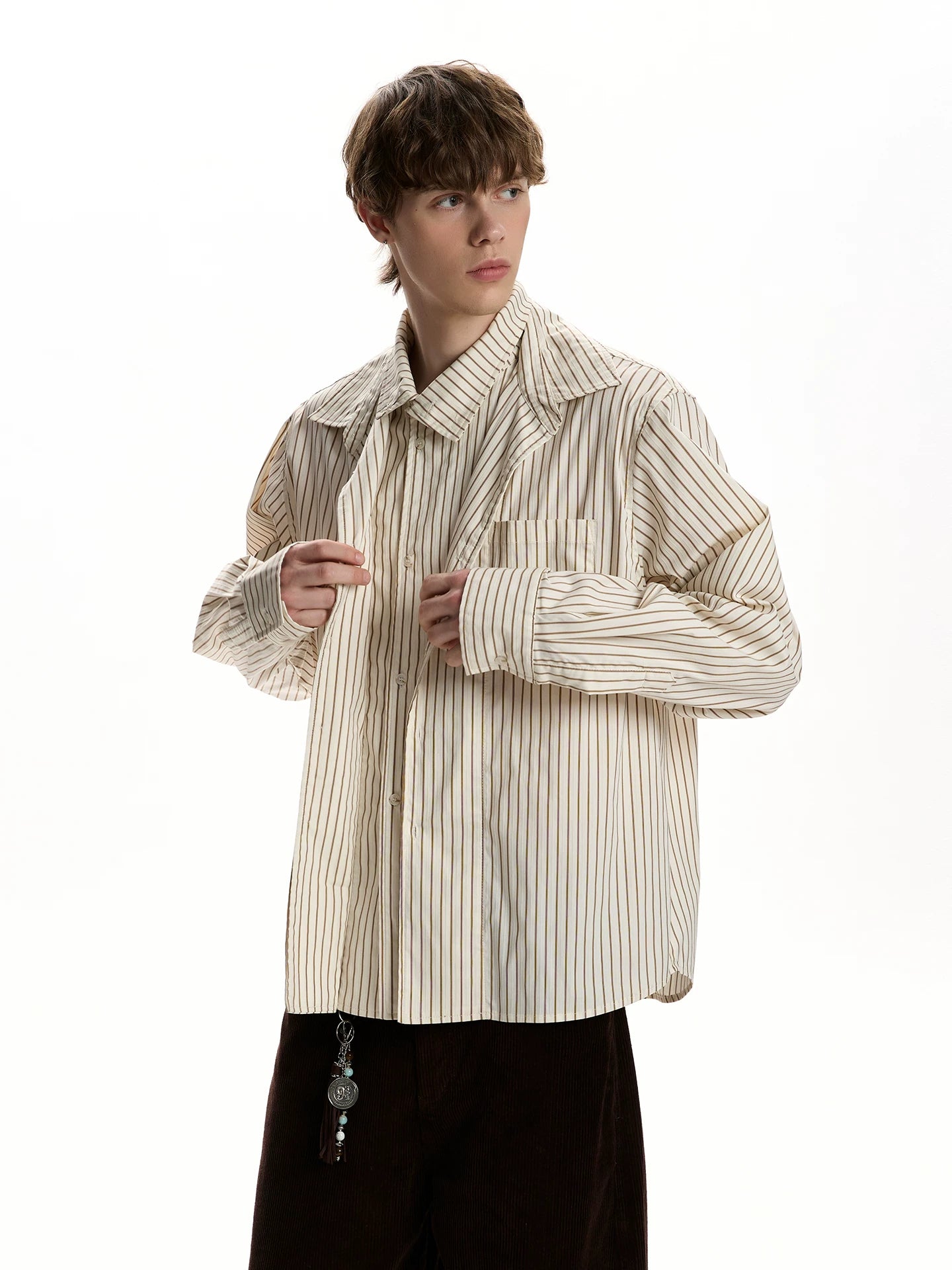 Vintage-inspired, high-end double-layered collar faux two-piece striped long-sleeve shirt SIN038