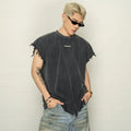 Raw edge handmade holes washed distressed dropped shoulders pure cotton vest summerloose sleeveless t-shirt for men sinclub6958