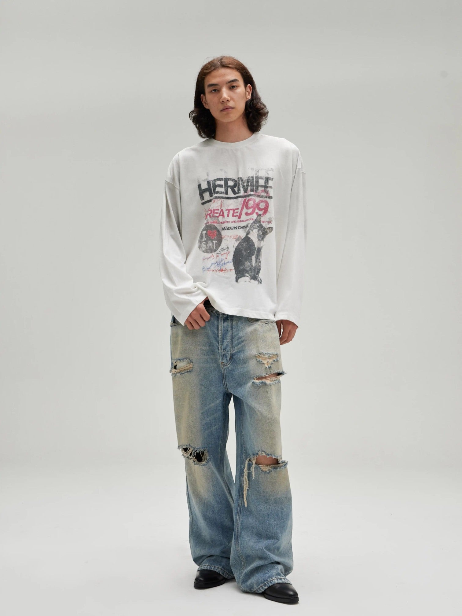 [Hermit] VINTAGE CAT PRINT LONG SLEEVE TEE ST2062