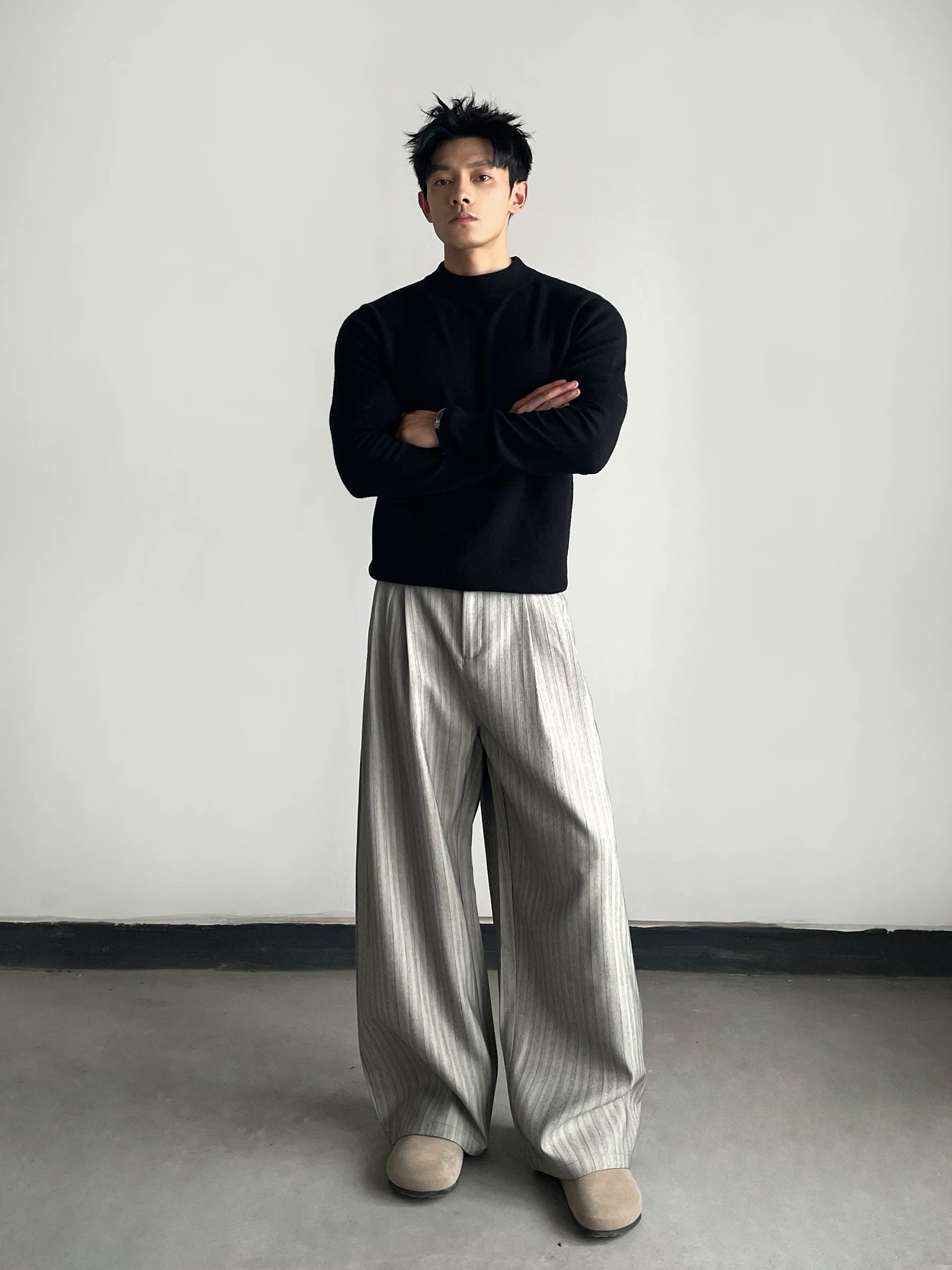 Old money style casualstripes pleated trousers light khaki classyretrowork clothingloosecasual pants sinclub2466
