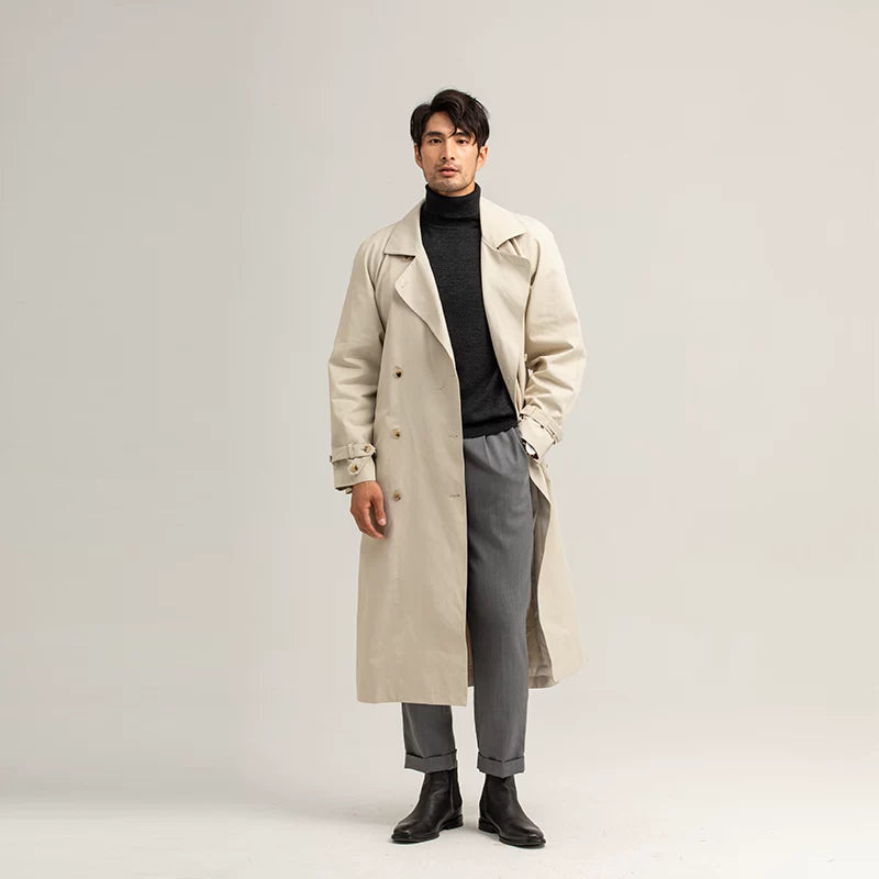 High-end minimalist design, oversized gabardine trench coat for men, in a muted, sophisticated color palette with functional features sinclub2659