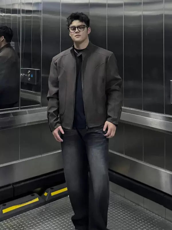 Pieced twill premium motorcycle jacket with zipper stand collar  SIN059