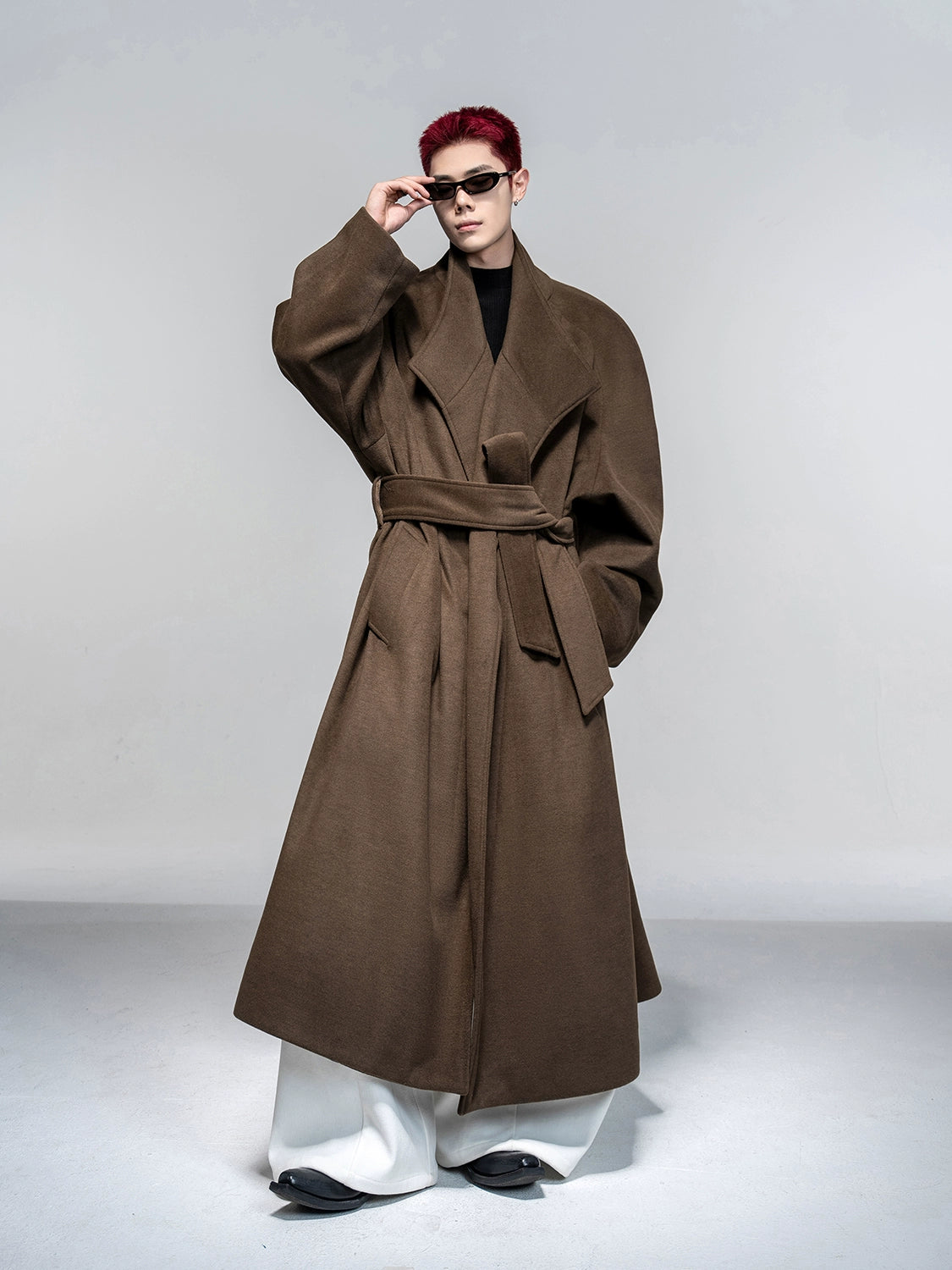 Original scarf with wool long woolen coat men's retro heavy woolen coat