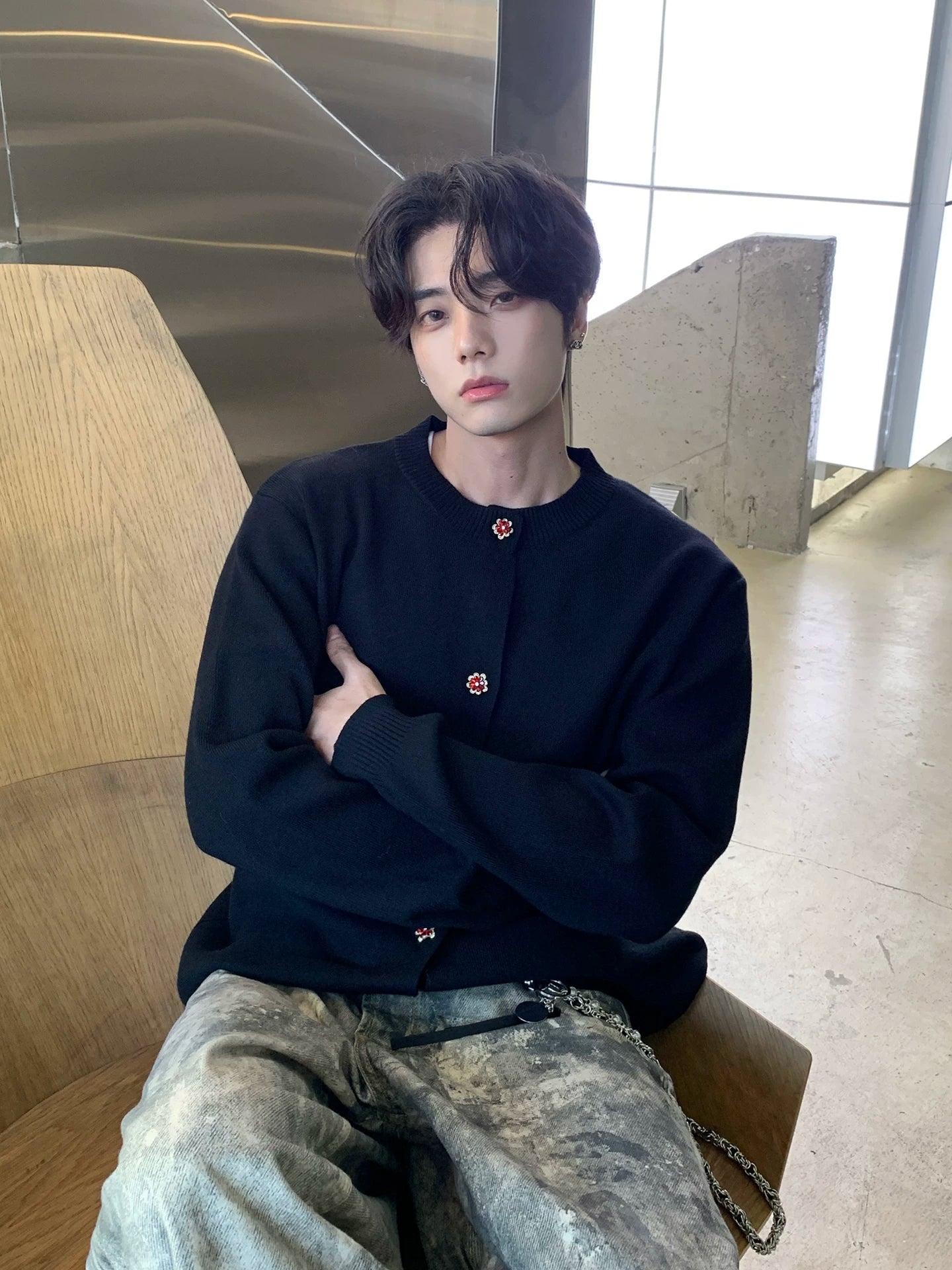 Gray miu miu style men's sweater cardigan - american trendy, high-end blend knit men  SIN063