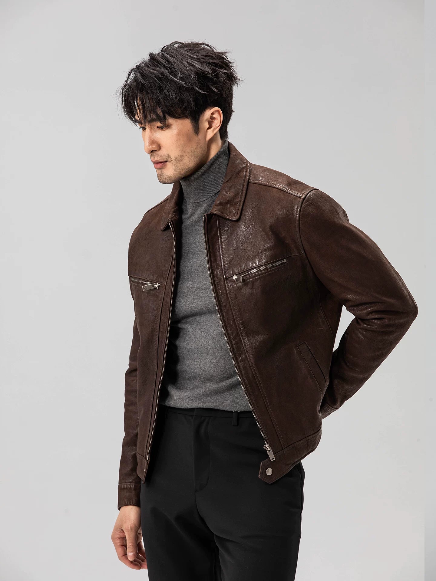 Heavy washed goatskin distressed retroshort genuine leather jacket leather jacket men's outwear sinclub6581