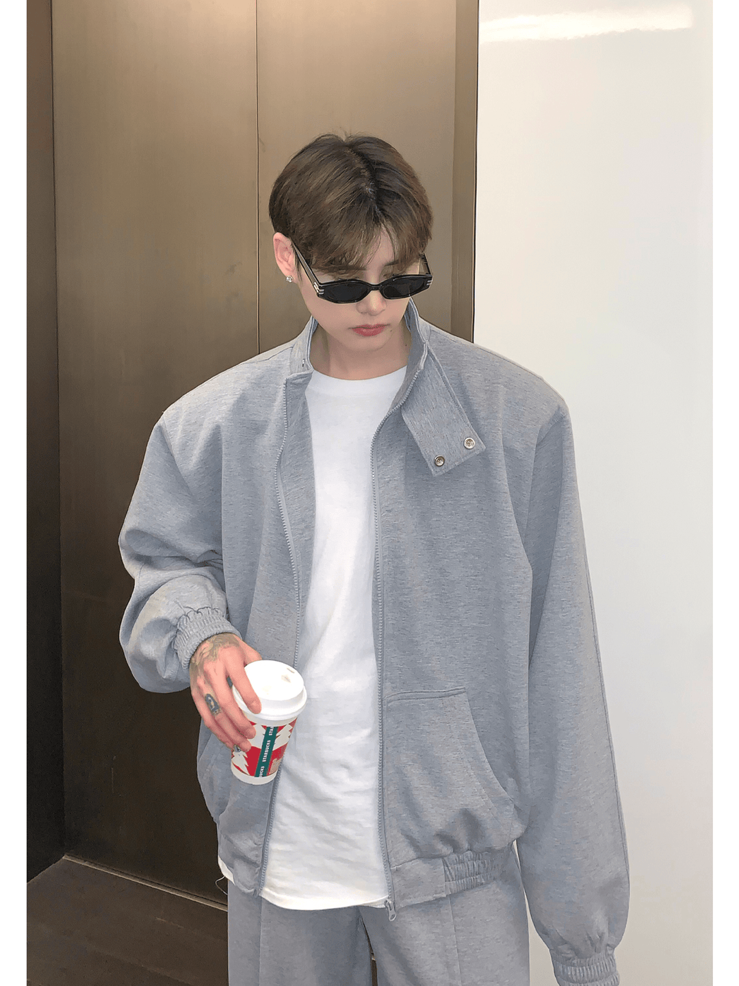 [CUIBUJU] Stand collar shoulder pad cardigan sweater set-up st1811