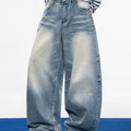 Vintage washed blue distressed straight-leg jeans with 3d pleats - relaxed fit, versatile wide-leg trousers for men sinclub6181
