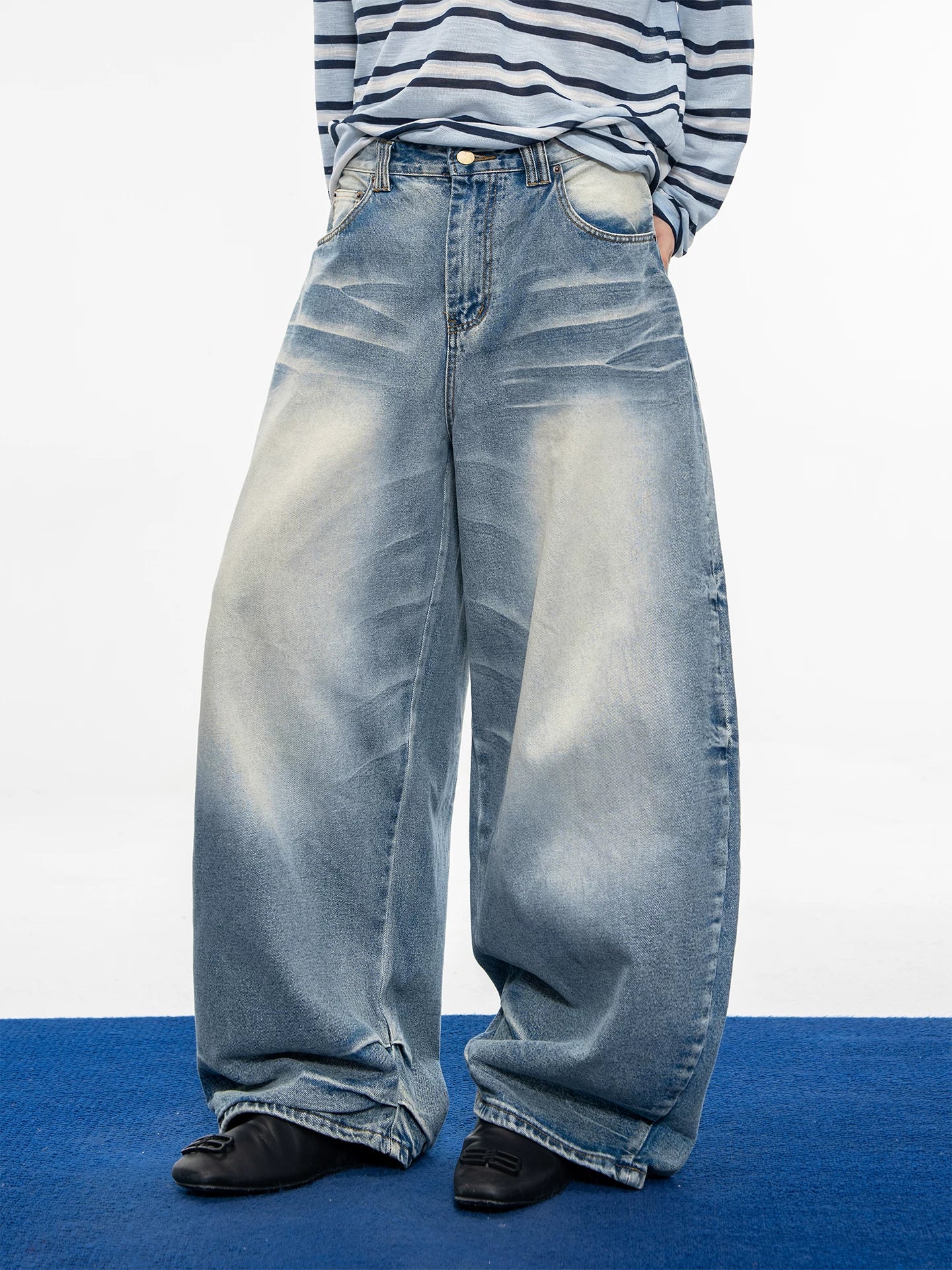 Vintage washed blue distressed straight-leg jeans with 3d pleats - relaxed fit, versatile wide-leg trousers for men sinclub6181