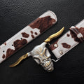 Vintage brown cow print leather belt with metal bull head buckle - versatile belt for men