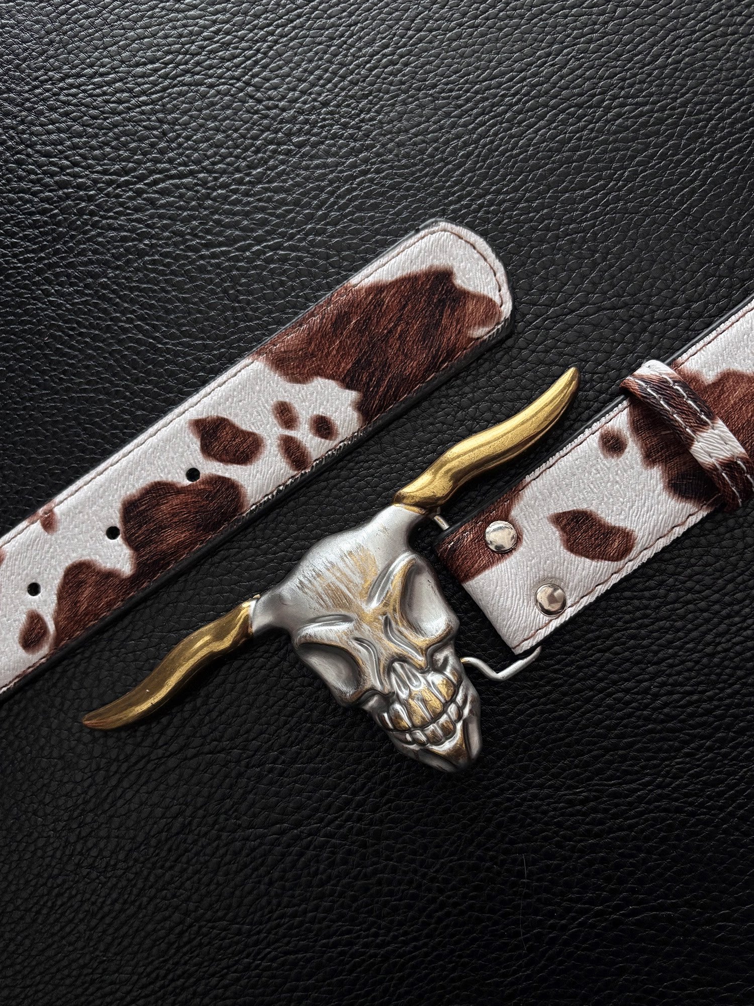 Vintage brown cow print leather belt with metal bull head buckle - versatile belt for men