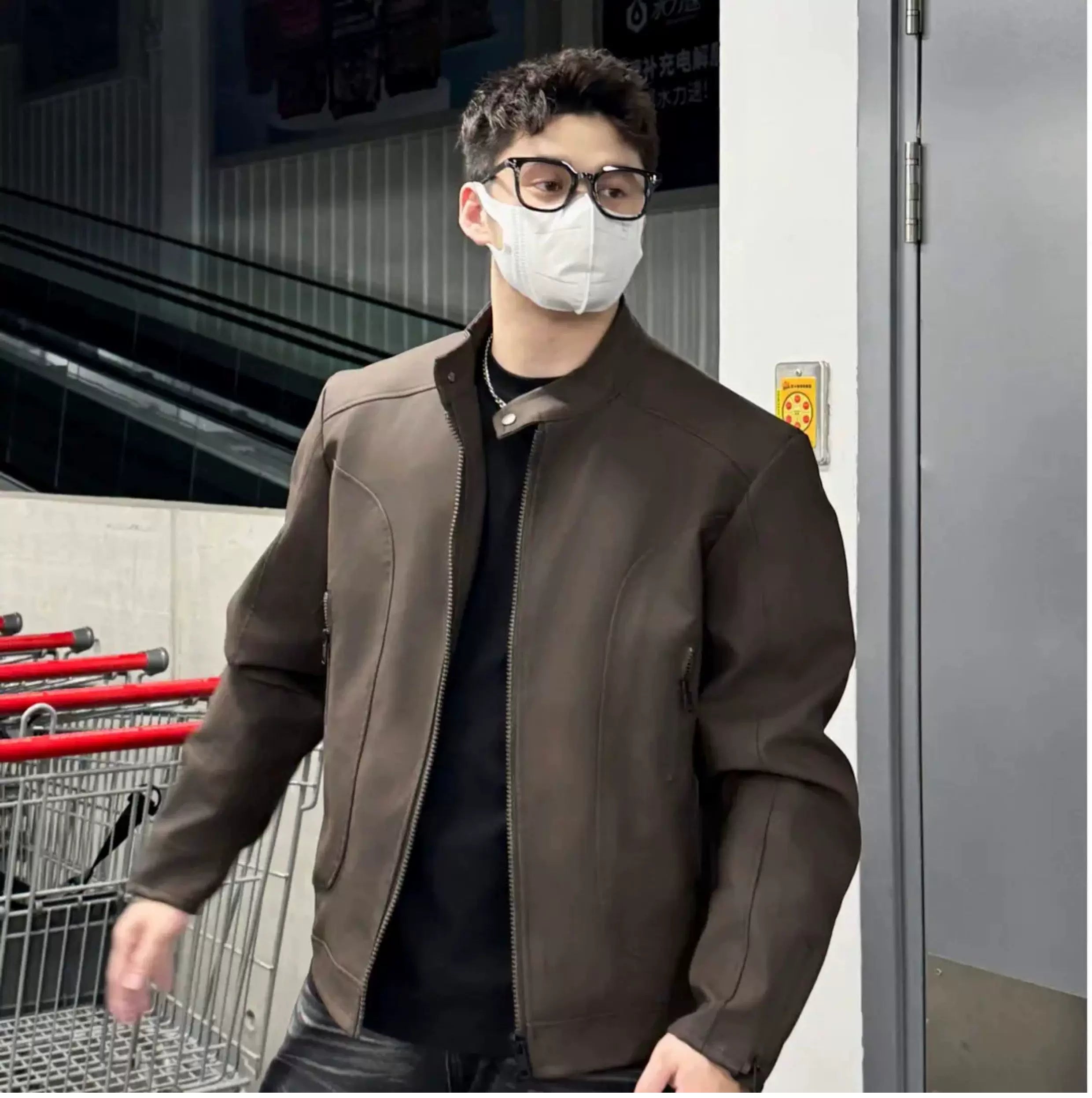 Pieced twill premium motorcycle jacket with zipper stand collar  SIN059