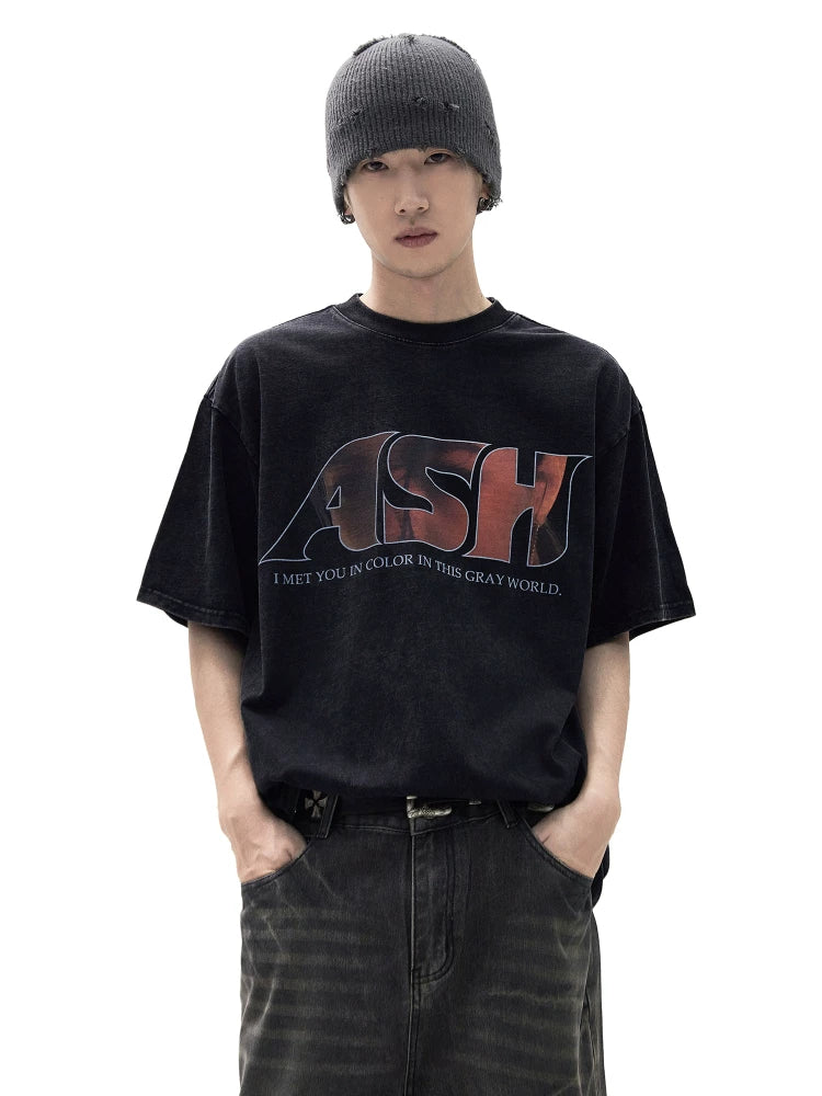 Brushed washed vintage american retro letter short sleeve men's high street original printing half sleeve t-shirt  SIN082