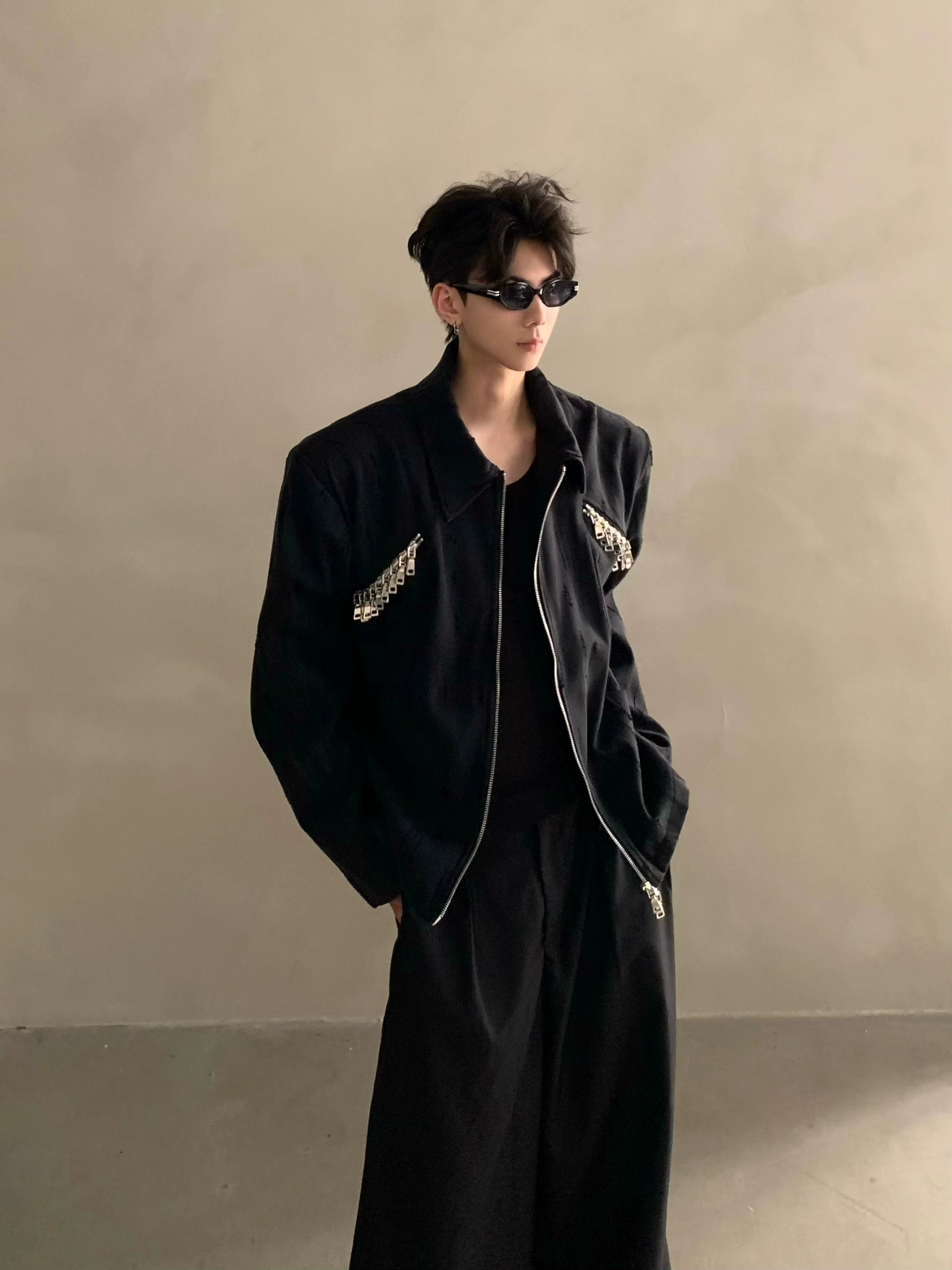 High sense niche metal deconstruction design shoulder padded jacket jacket men's ruffian handsome loose top trendy