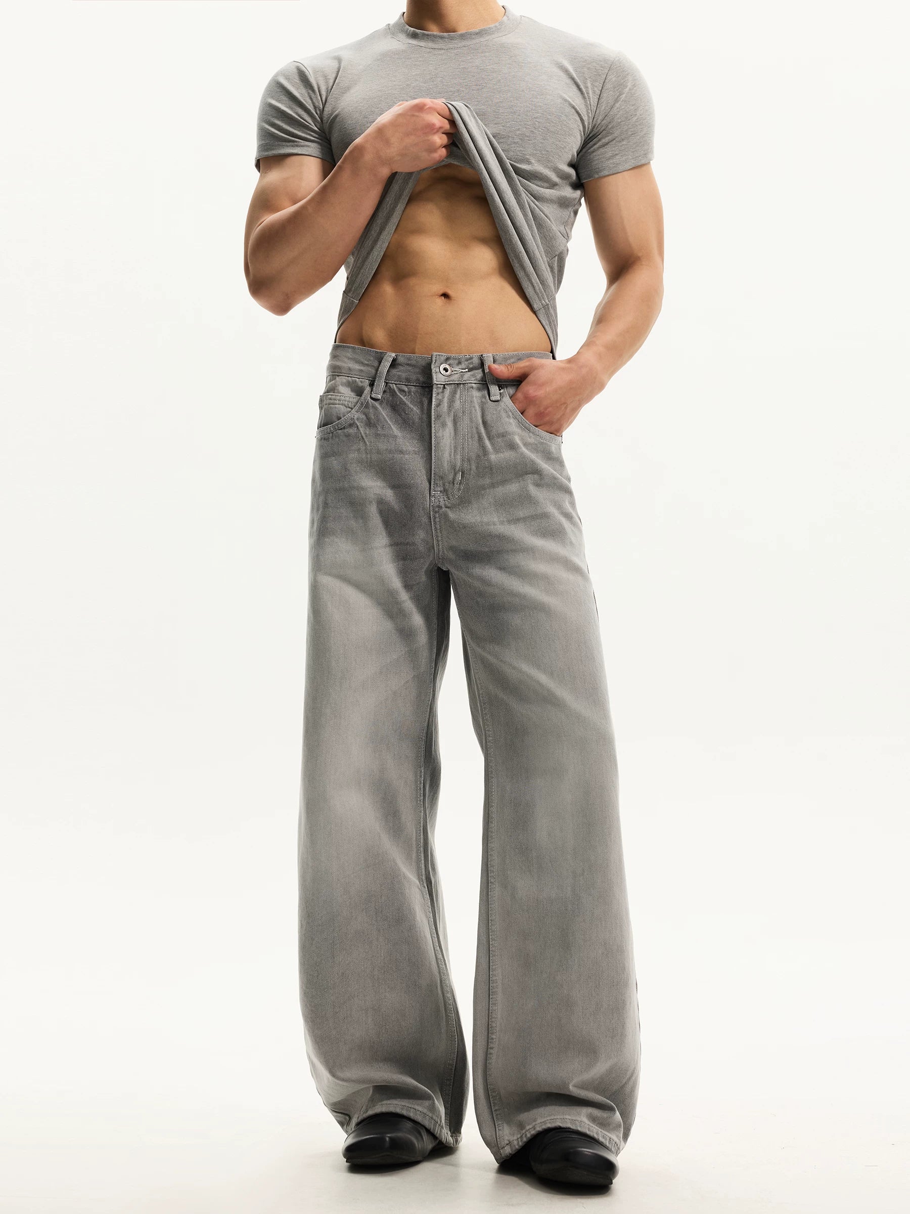 Washed white american vibestraight-legjeansmenloose wide legcasualeasiest for matchpants trendy sinclub9871