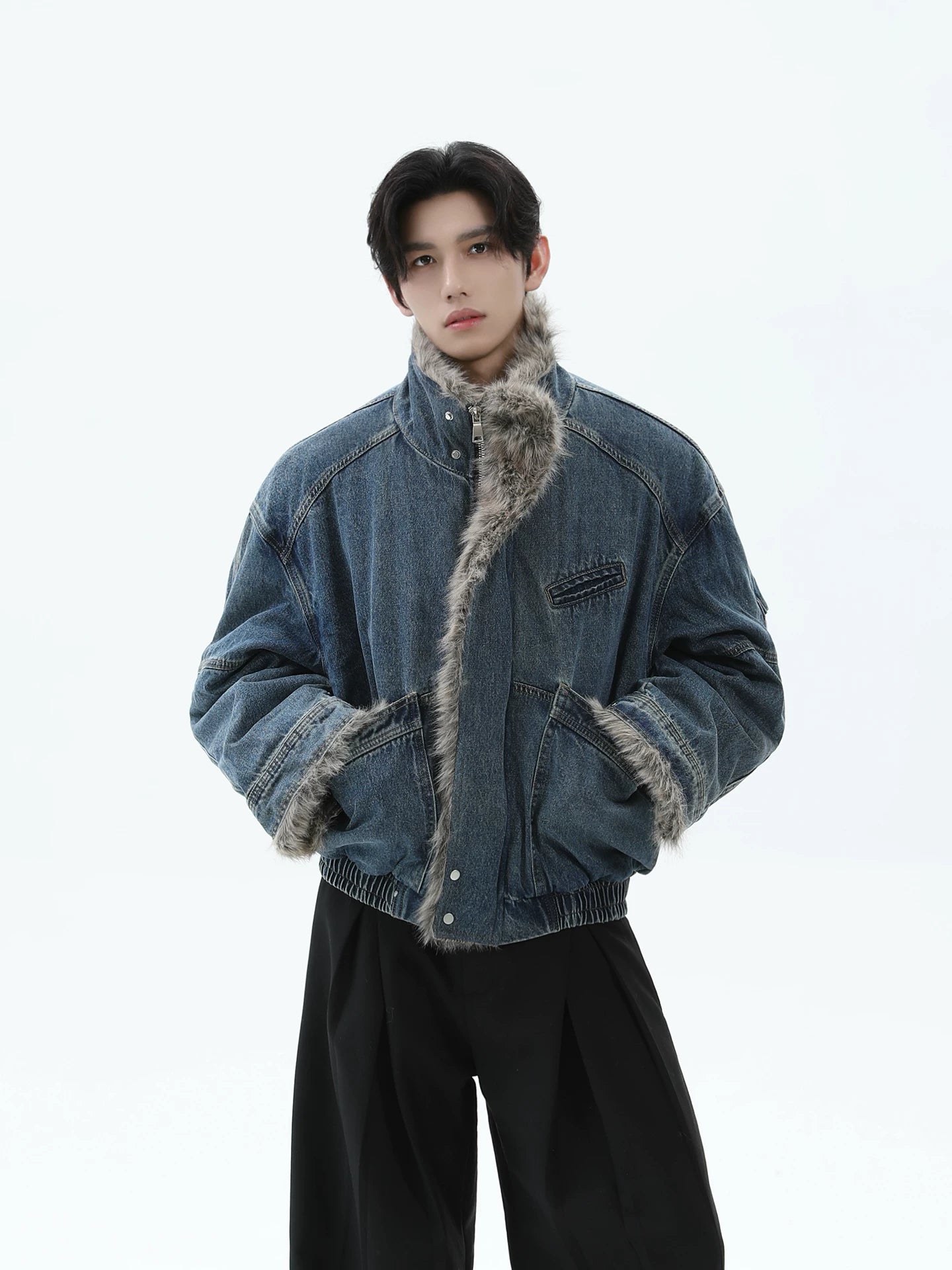 Retro deconstructed mountain eagle fur collar denim cotton outwear SIN0853