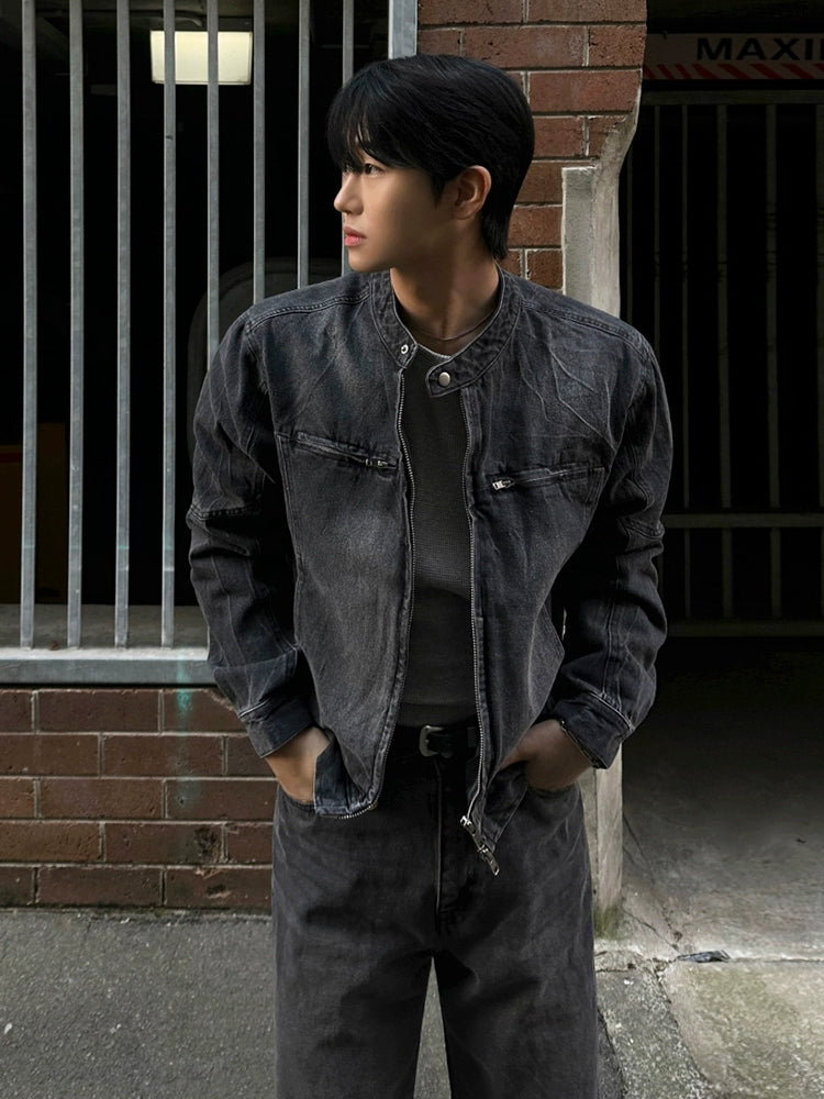 Ruffian handsome short denim jacket men's spring loose stand-up collar jacket Korean trendy high-end denim