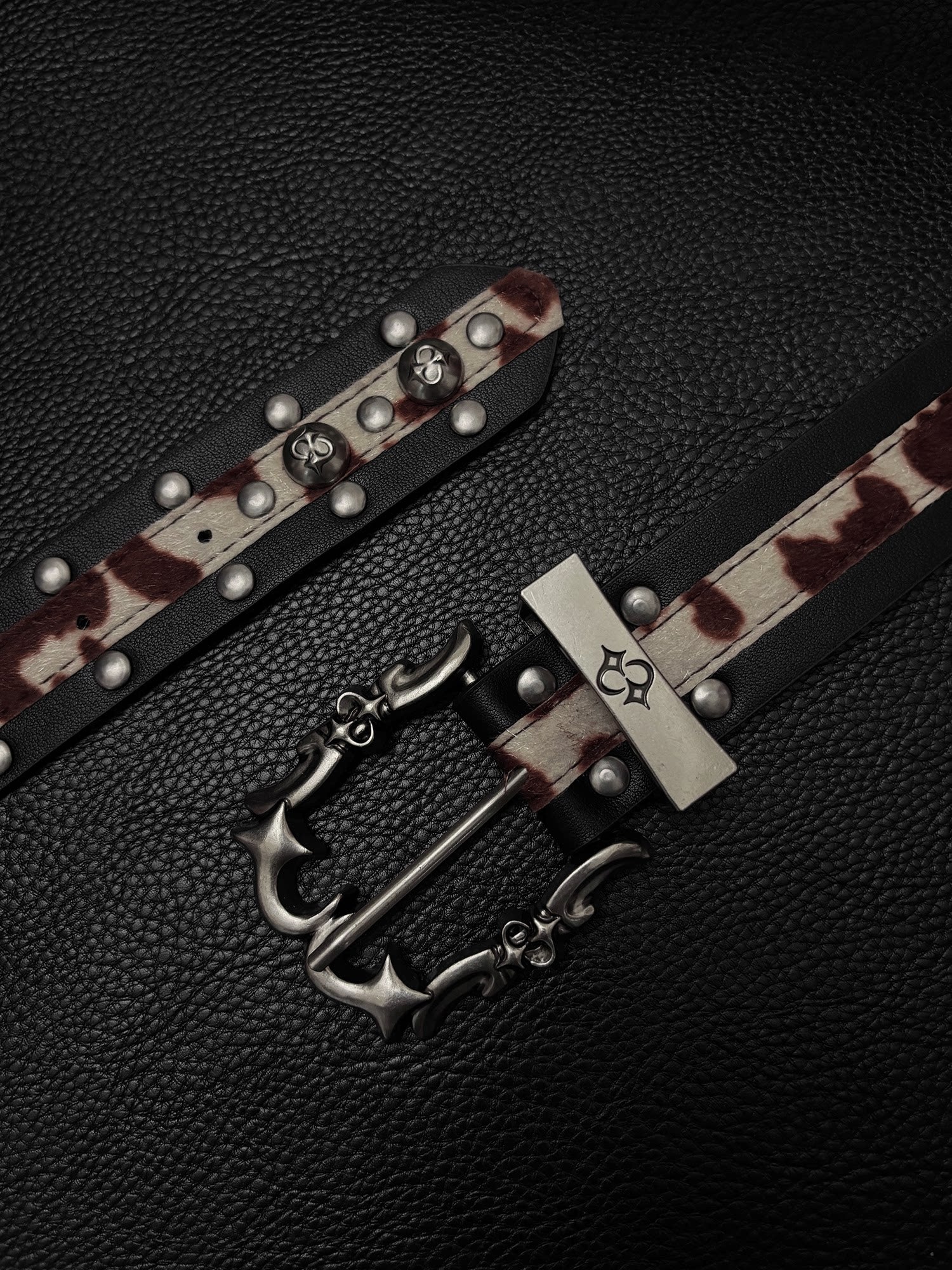 American niche style horse fur belt men's leopard print rivet decorated metal buckle belt