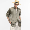 Satin glossy texture acetate polo collar shirt outwearclassyloose shoulder pad shirt for men sinclub3594