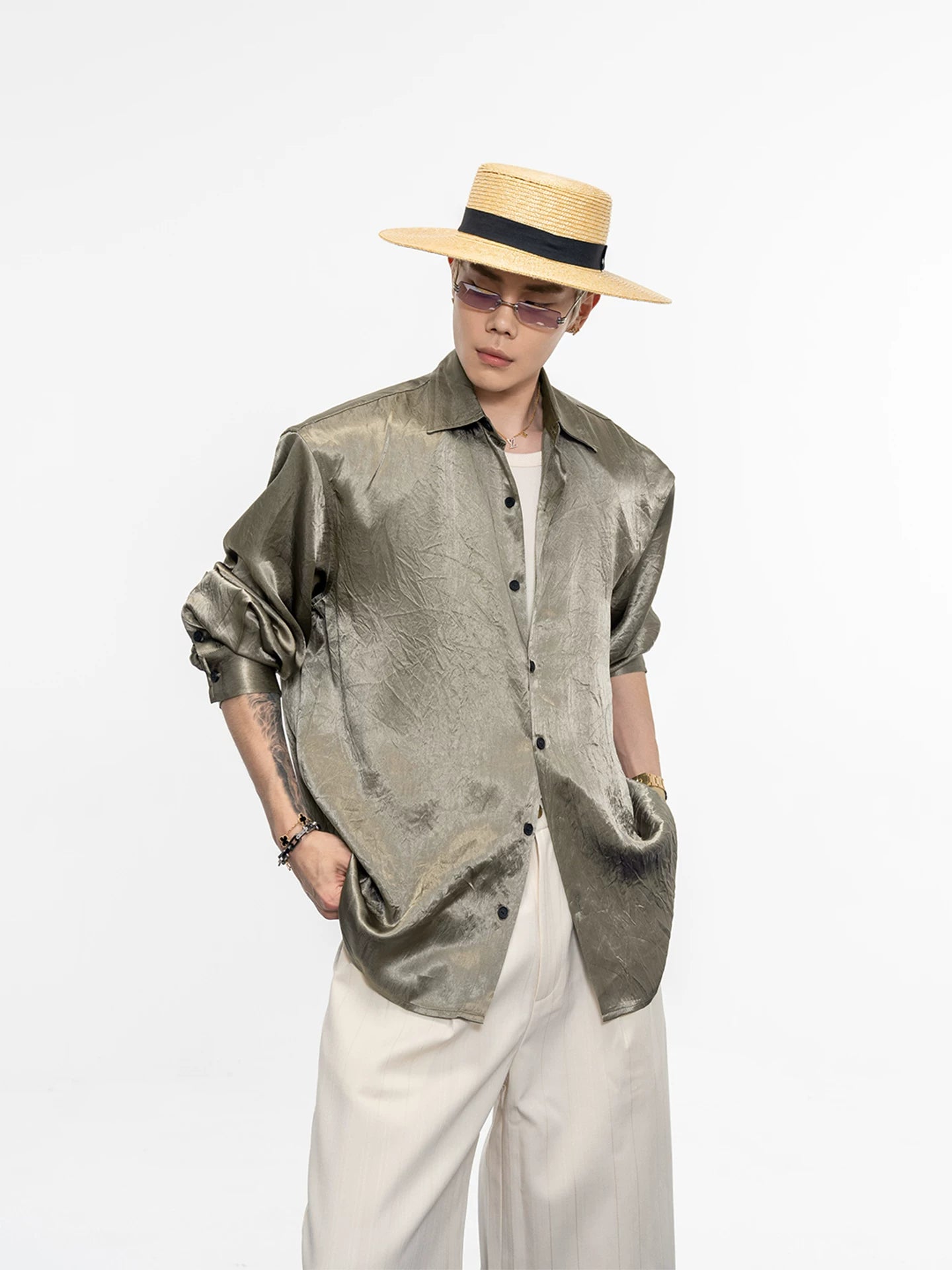 Satin glossy texture acetate polo collar shirt outwearclassyloose shoulder pad shirt for men sinclub3594