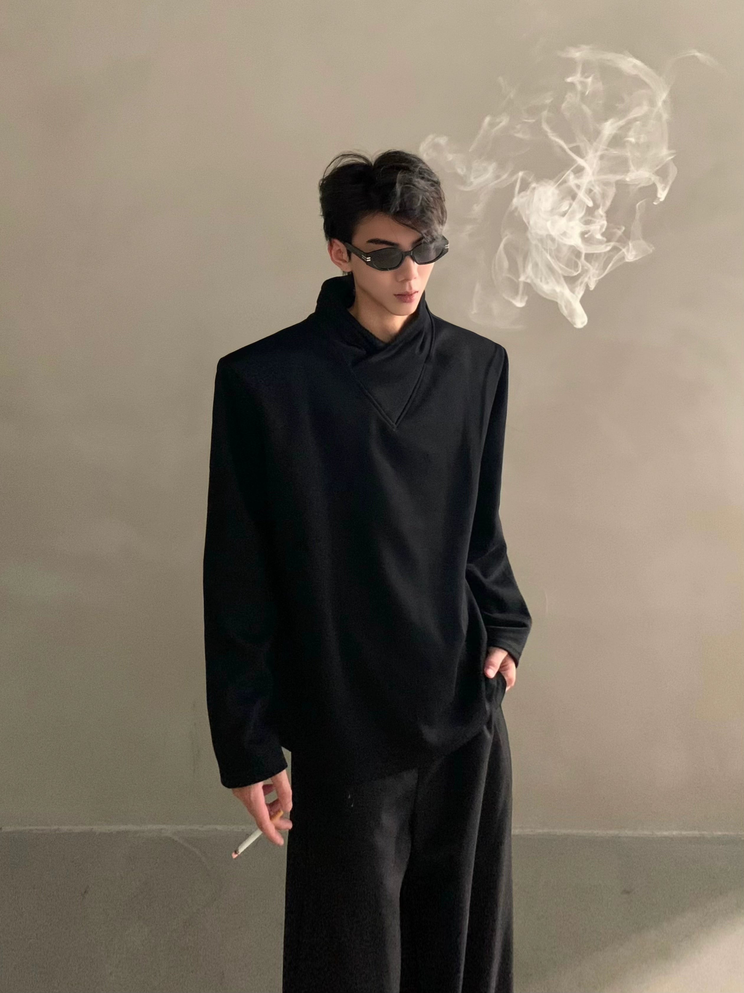 Autumn niche high-end sense stack collar silhouette long-sleeved T-shirt men's loose heavy ruffian handsome top