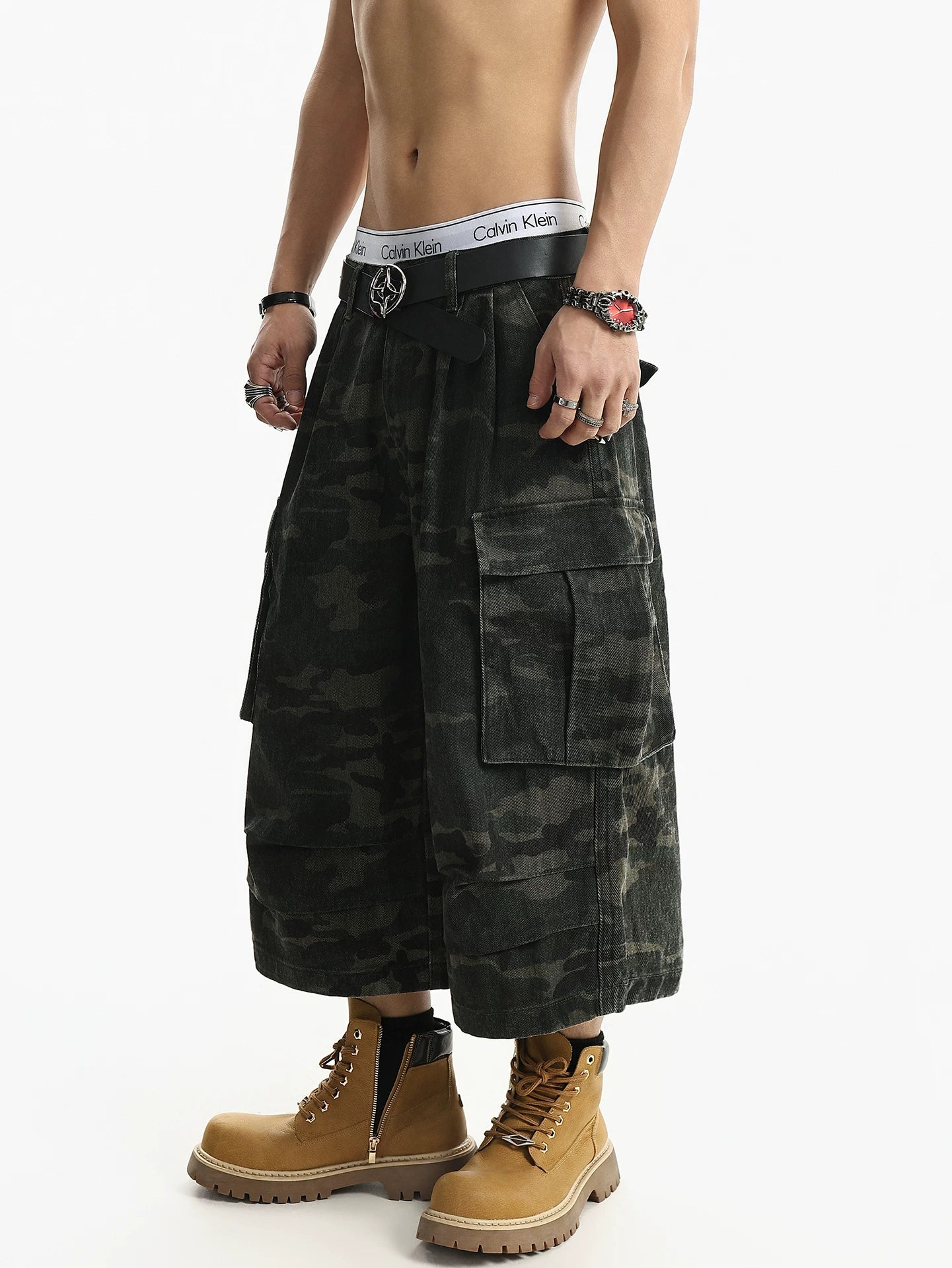 American high street retro washed camouflage loose wide leg workwear paratrooper denim cropped pants men's summer  sinclub4962