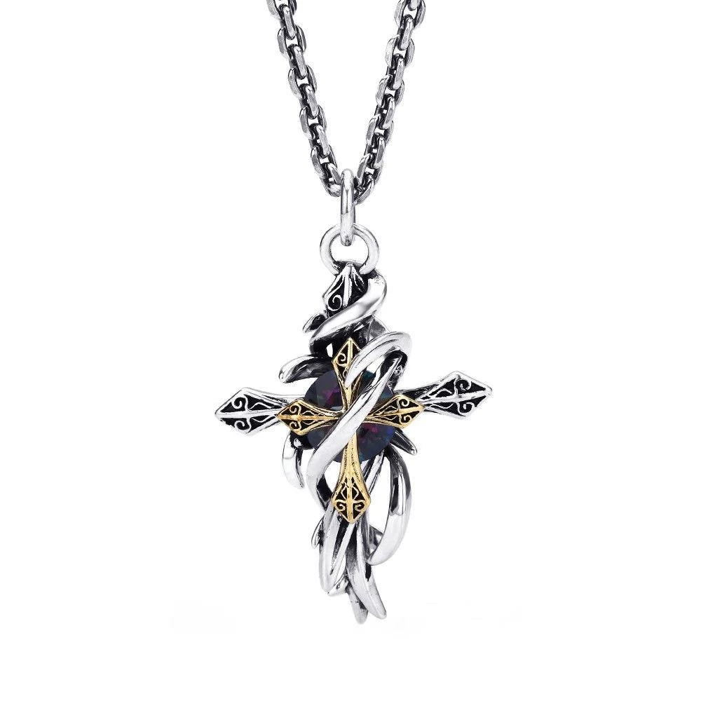 Vine double cross pendant necklace - vintage, unique, niche design - cool & trendy men's necklace charm