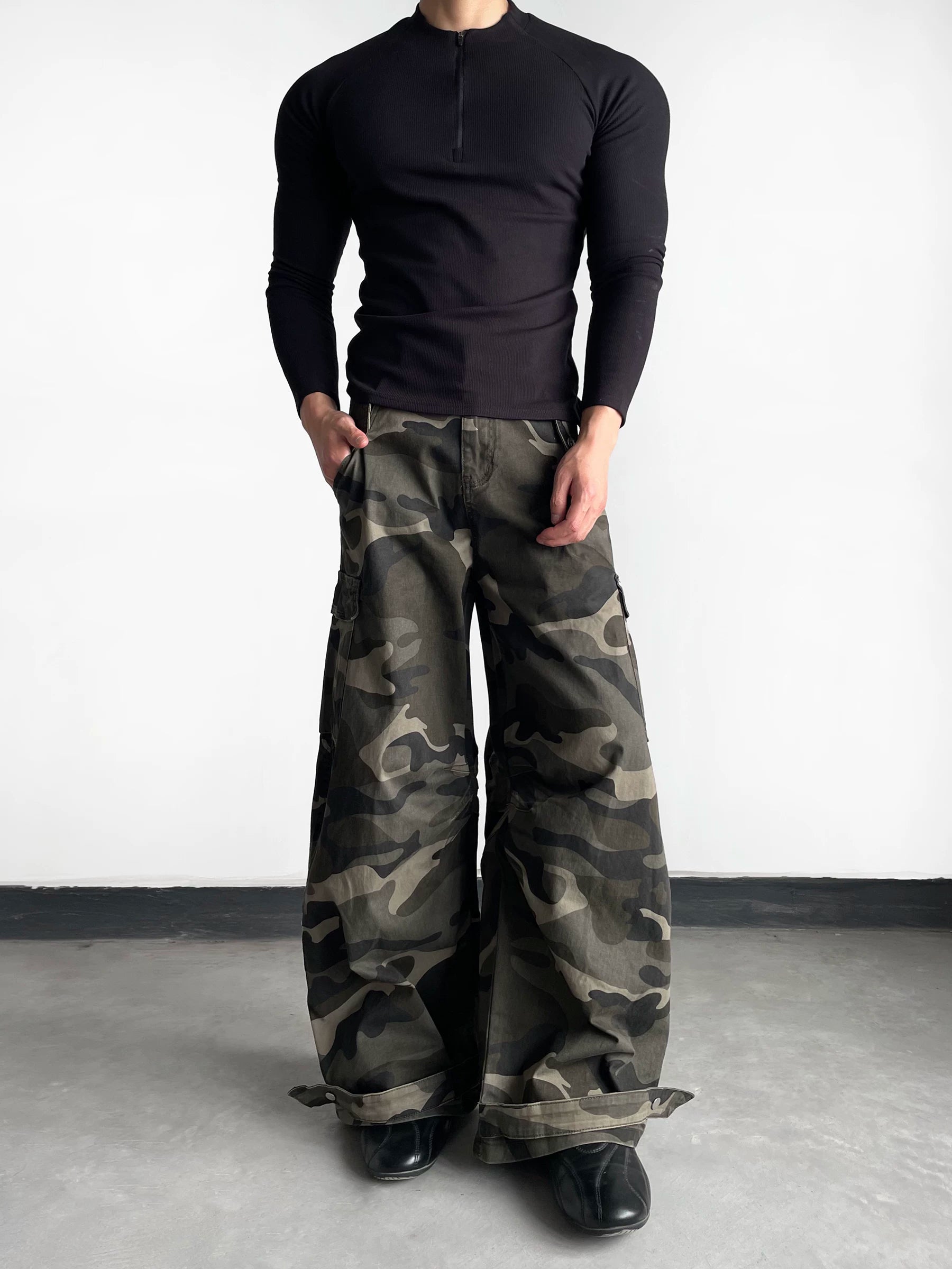 American camo wide-leg scimitar cargo pants - vintage casual tough guy style camo straight-leg trousers - trendy sinclub6497