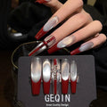 Alpha Red Classic French Glitter Cat-Eye Press-On Nails with Luxury Cross Charms
