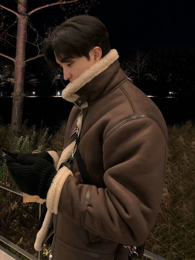 Suede stand-up neck cotton-padded clothes for men's winter loose warm cotton clothes Korean trendy lamb wool jacket